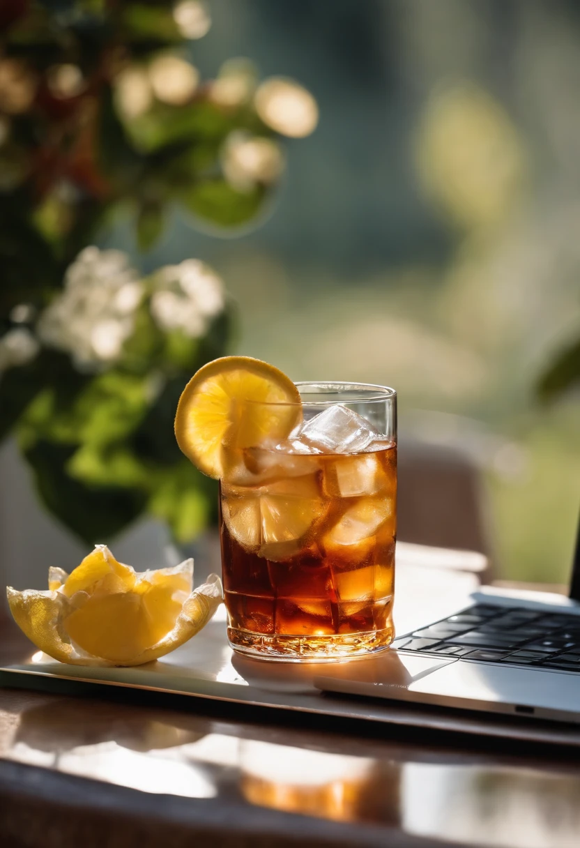 Describe an image of an iced tea cup on a table with a planner next to it, and a laptop.