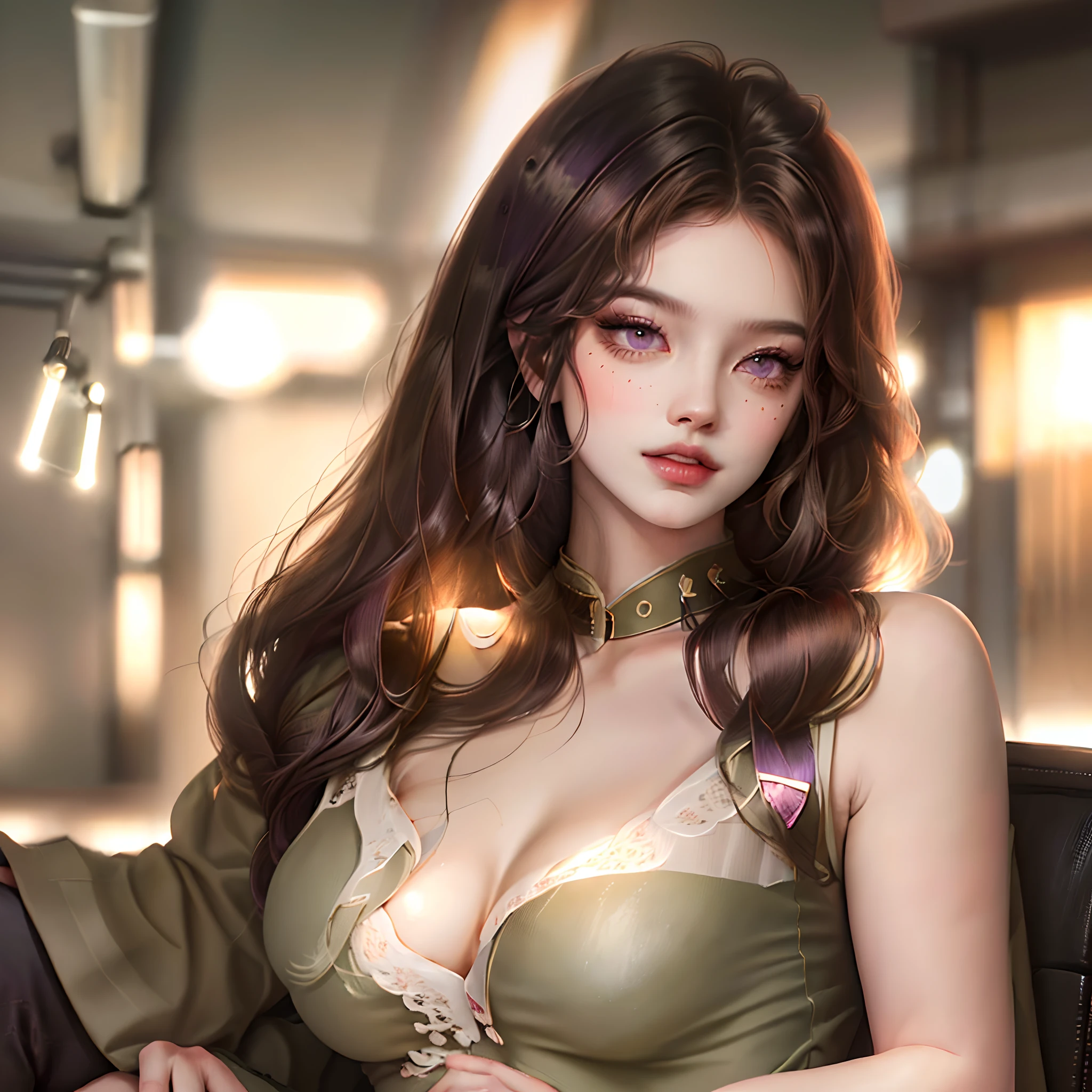 woman(The upper part of the body:1.21 girls,tmasterpiece,best qualtiy,ultra - detailed,illustratio,Fine and detailed eyes and detailed face)garments:army suit,General of special forces,allure:brunette color hair,Natural makeup,(Purple eye:1.05),Wide buttock,huge tit,Cleavage is seductive,maternal,looking at viewert,curvy build,Raised sexy,full bodyesbian,(a matural female,A MILF:1.1),独奏,(curves: 1.1),big assa,thick thight,A MILF,Modern military office background,Sitting down,Legs open