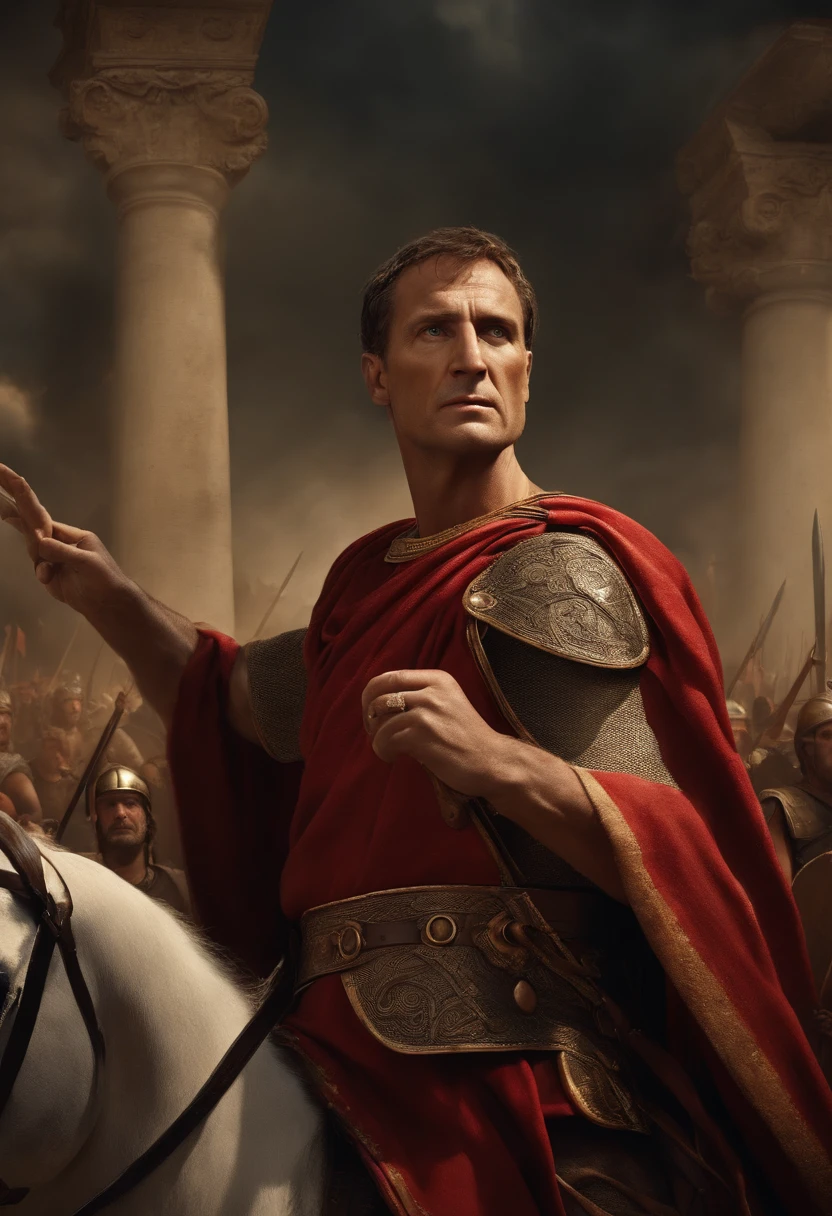 "In the image, we see Julius Caesar, an iconic Roman general, strategically mapping out his plans on an ancient map of Gaul. His determined gaze reflects the intensity of the bloody campaign that was about to begin. Surrounding him are depicted the Celtic tribes, some joining forces with the Romans, while others prepare to resist. This image captures the beginning of the epic battle for the conquest of Gaul, where ancient rivalries and unexpected alliances would shape the course of history."