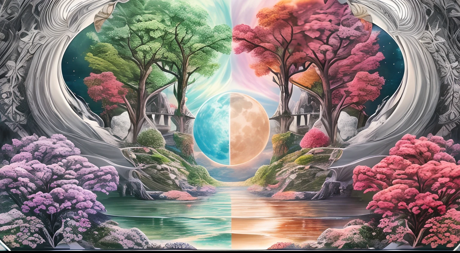 high qulity，high high quality，tmasterpiece，CG，（Two worlds），Half bright, Half gray，The middle is separated by the moon，Fuzzy segmentation，The picture is tense，color difference，blooms，Fantasy style，A world of skies full of fantasy，The picture is cut off from the middle