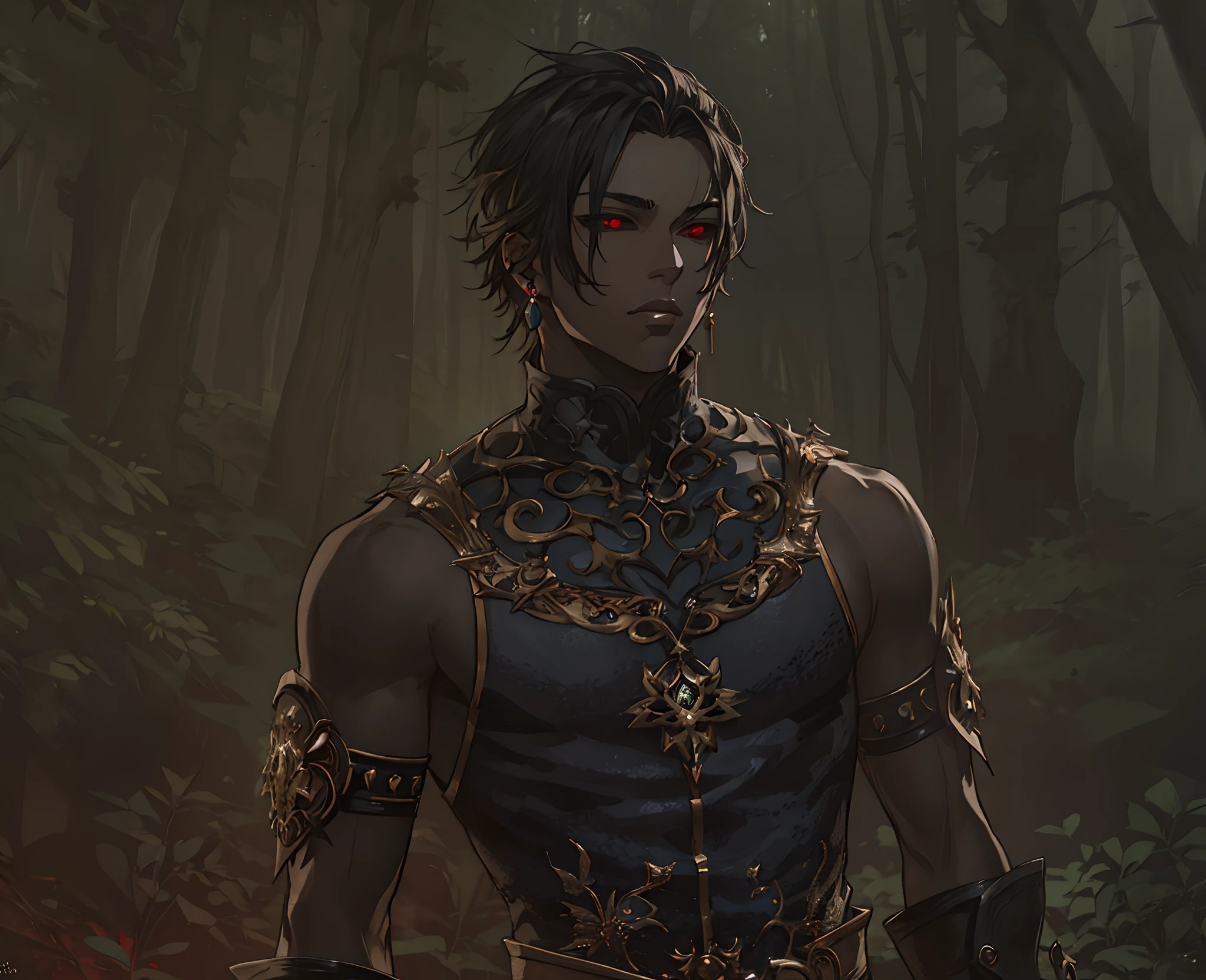 masterpiece, best quality, 1man, adult, male focus, drow, black skin, solo, dark black hair, vibrant red eyes with black sclera, short hair, looking at viewer, closed mouth, Fantasy aesthetics, piercing earring, Highly detailed, shadowverse style, dark forest background, in the dark forest