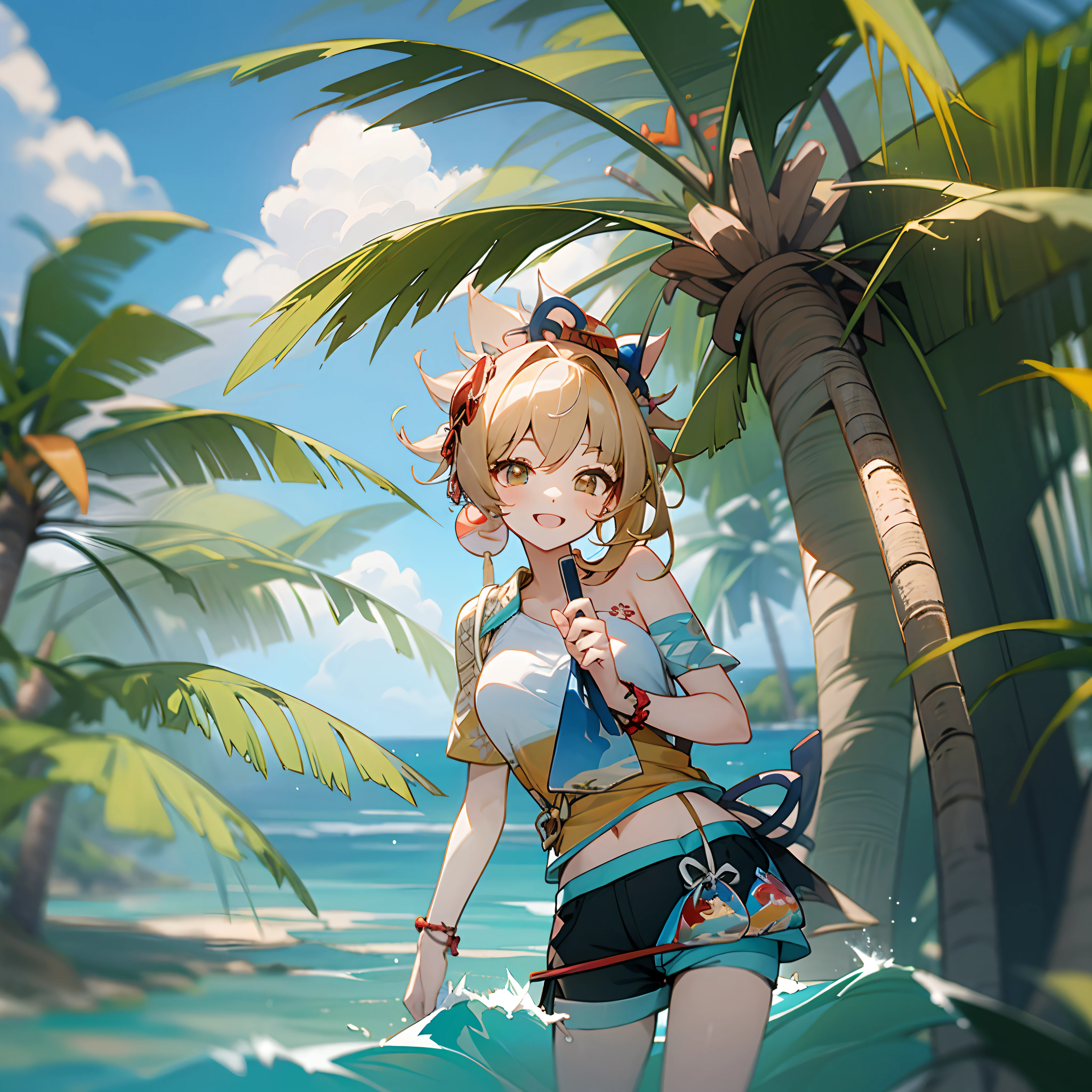 Shorts and shorts，（Holiday Island，Coconut Tree，sandbeach，ocean water），Sunlight random action，Random expressions，ssmile，cheerfulness，Sunny and cheerful，Genshin Summer Party