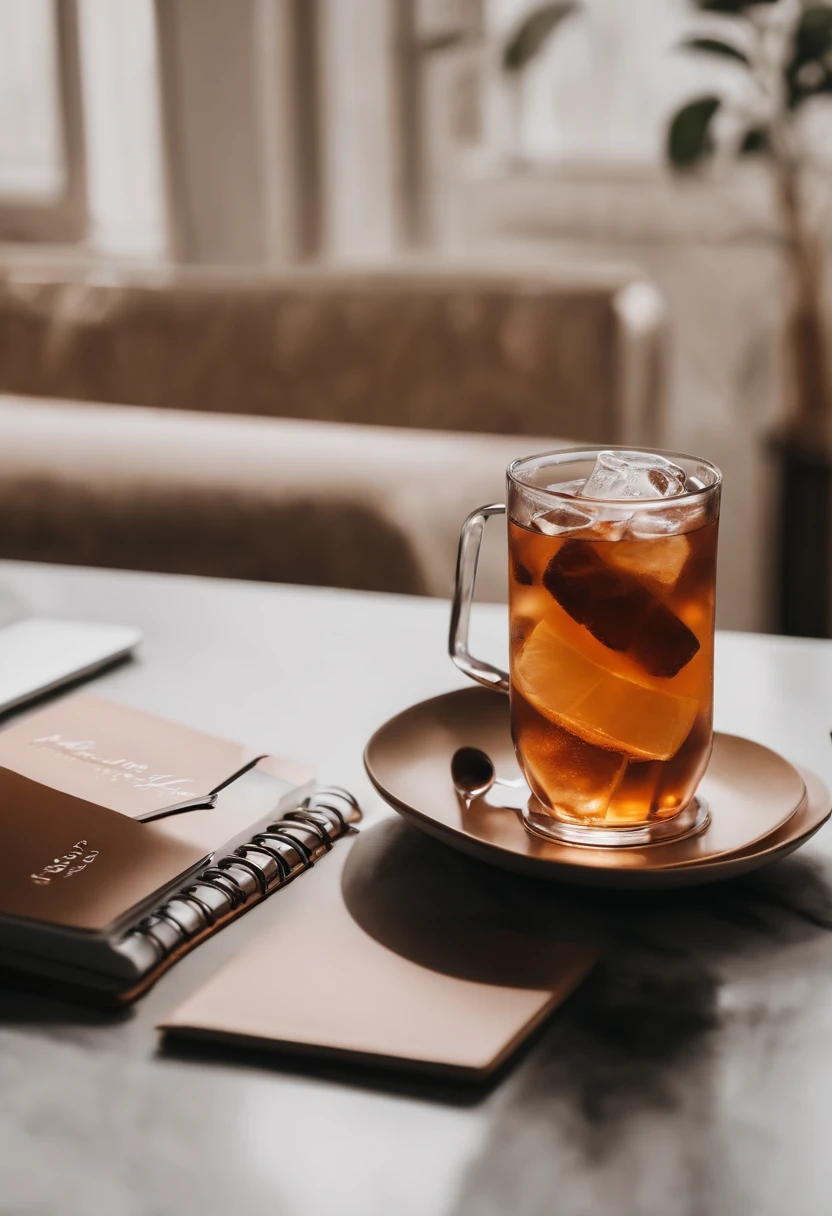 Describe an image of an iced tea cup on a table with a planner next to it, and a laptop. Minimalist, Instagram, beige palet, aesthetic