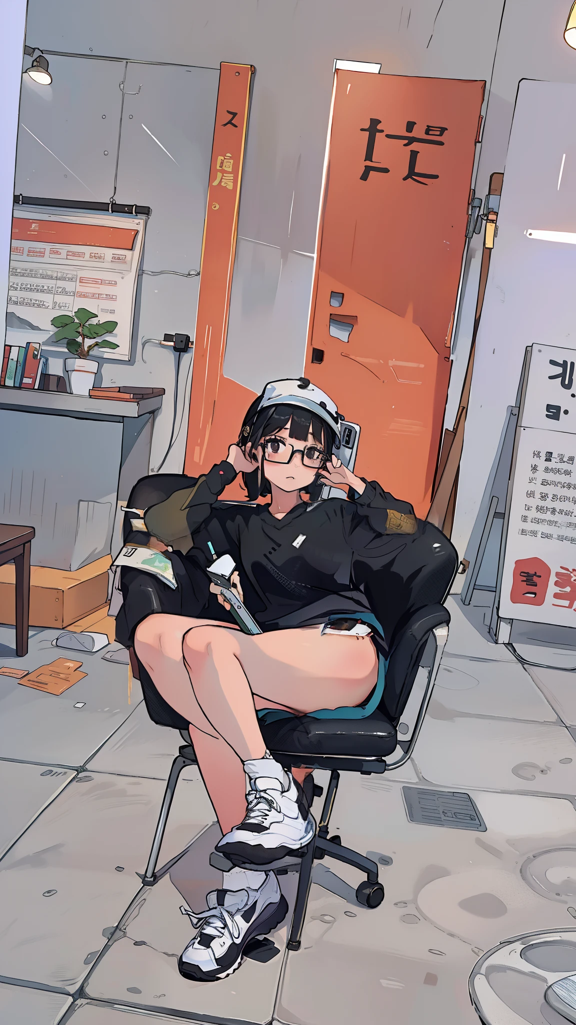 Girl with big eyes sitting in chair,Legs crossed,Mobile phone in hand, glasses on head,xintong chen, 2 4 year old female model, trending at cgstation, wenfei ye, Short hair girl, She has black hair,By bangs, 19-year-old girl, Korean girl, photo of slim girl, by Yang J, Chinese girl