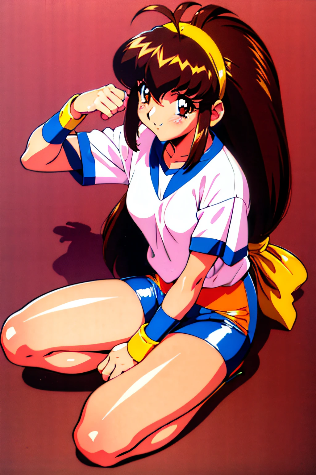 masutepiece,Best Quality,Solo,Floral background,
Looking at Viewer,Smile,
Kazumi Amano,1girl in,
Long hair,High Ponytail,Hair Ribbon,Blue hair,Sidelock eyelashes,Blue eyes,lip stick,
Short sleeves,Leotards under clothes,
wristbands,
legwarmers,shoes,large full breasts、