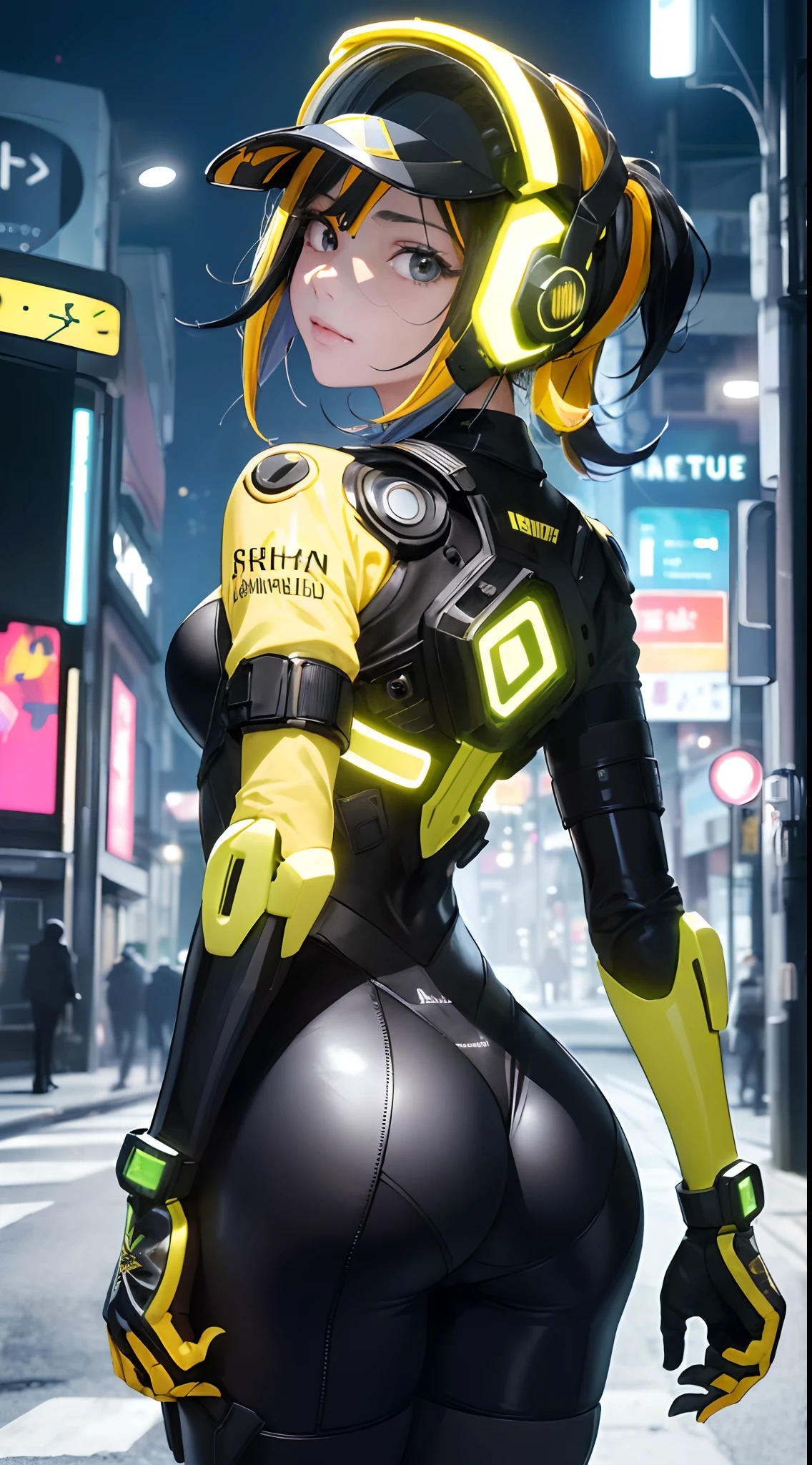 highest qualityr))、((obra maestra)、cyberpunked、large buttockss、arrodillarse、Electronic visor attached to the face of a -yeld giwith emphasis on the buttocks、Red latex body,Moda cyberpunk、Pose sexy、(Usar polainas amarillas en la parte inferior del cuerpo、(cabello amarillo:1.4),Agrandamiento de los senos、Neon lights in the dark city at night,motor irreal:1.4,UHD,La mejor calidad:1.4, fotorrealista:1.4, textura de la piel:1.4, obra maestra:1.8,obra-prima, mejor calidad,(Beautiful and detailed eye description)