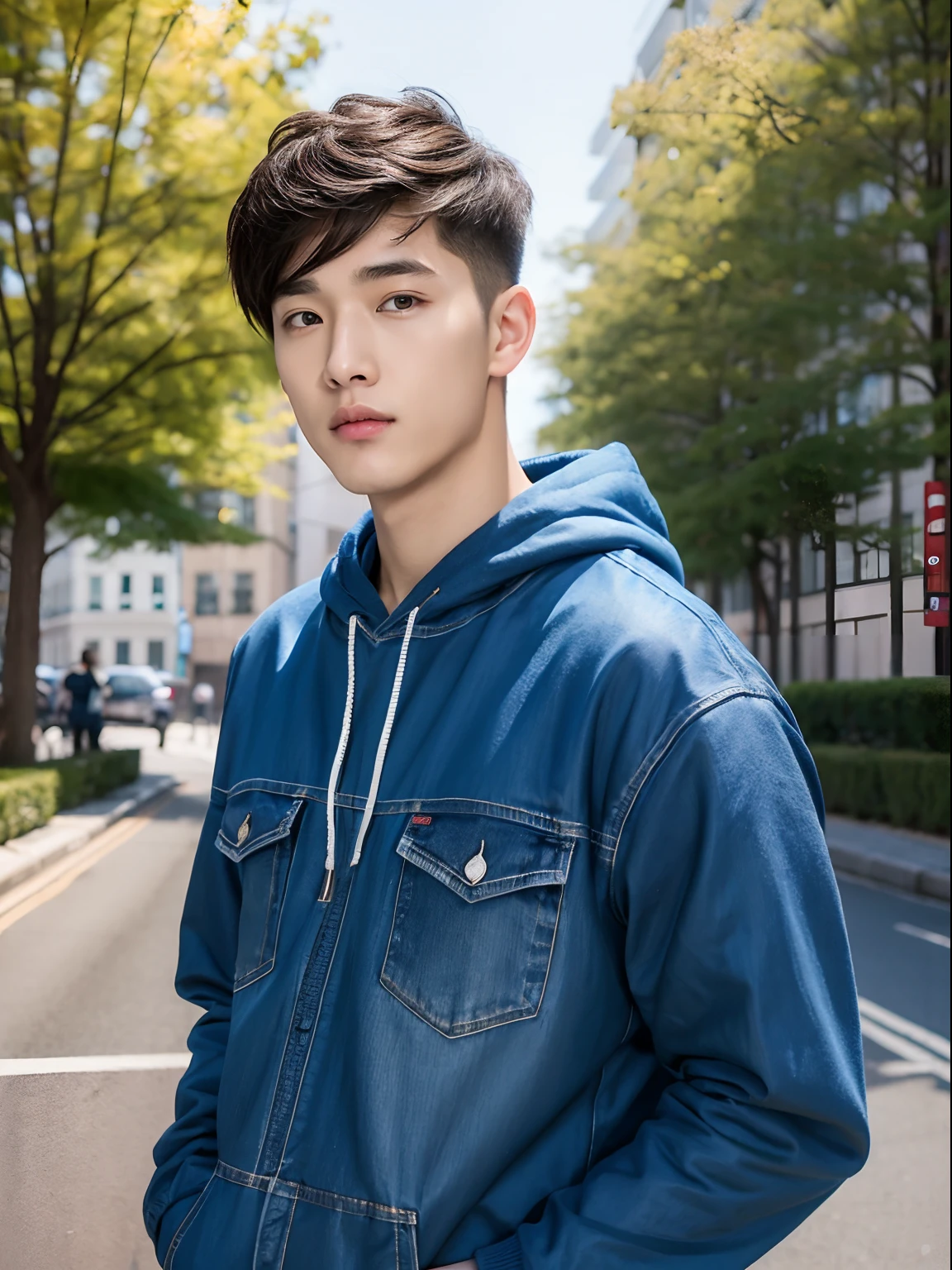(RAW photo:1.2), (Photorealistic:1.4),Beautiful detailed woman,very detailed eyes and faces, A detailed eye, ultra - detailed, A high resolution, The is very detailed,best qualtiy,illustratio,unified,8k 壁纸,tmasterpiece,best qualtiy,A boy stood,full bodyesbian,Sunshine Youth,Handsome young man,Wu Yanzu's appearance,Tall guy,short detailed hair,full bodyesbian,brown hair,Sweatshirt,denim pant,athletic sneakers,buliding