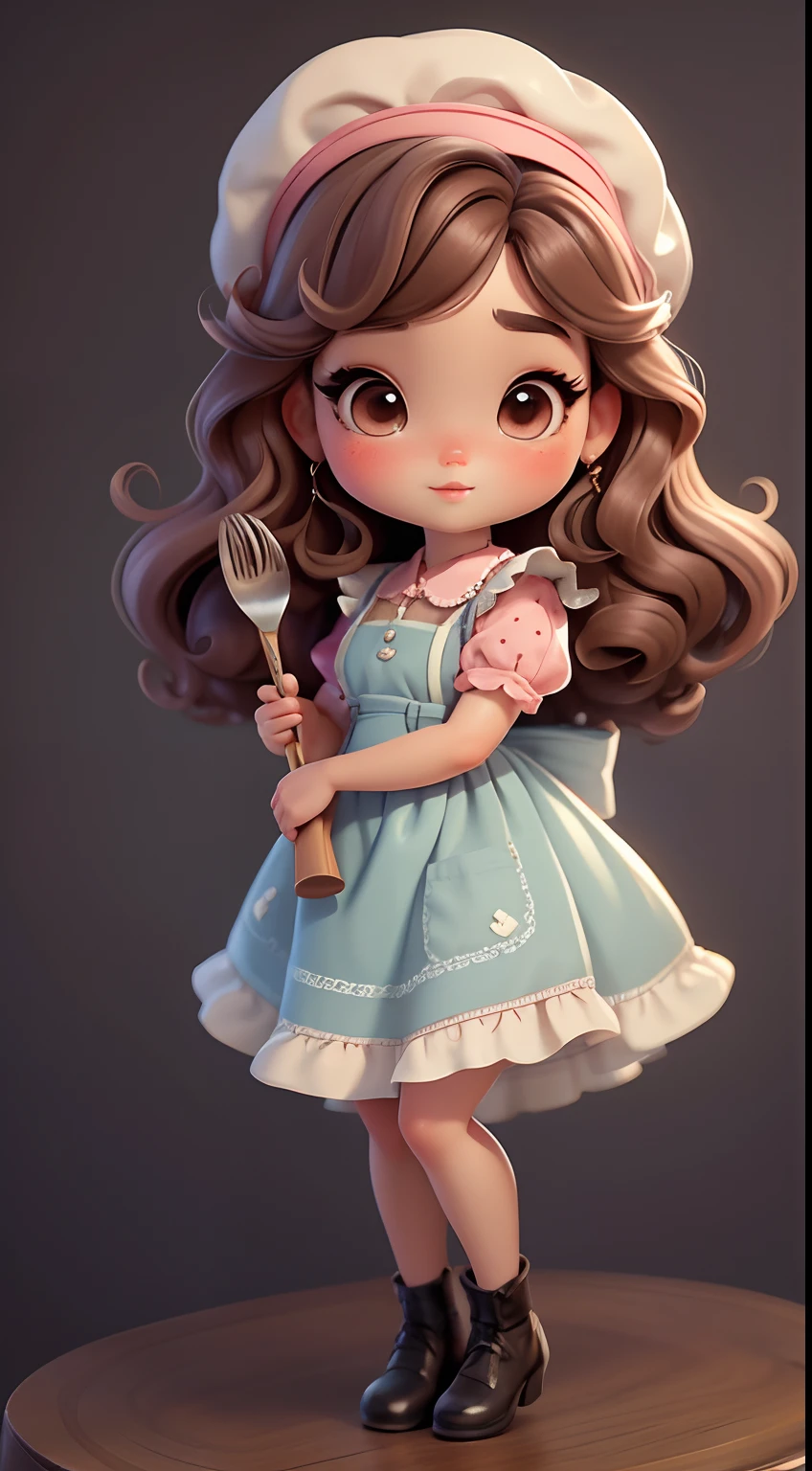 Create a series of chibi style dolls with a cute vintage chic theme, each with lots of detail and in an 8K resolution. All dolls should follow the same solid background pattern and be complete in the image, mostrando o (corpo inteiro, incluindo as pernas: 1.5)
Boneca Aprendiz de Bruxa: Chame-a de Mia. She must have medium wavy brown hair. Seus olhos devem ser grandes e curiosos, with long eyelashes and slightly pinkish cheeks. Mia should be dressed in a delicate dress and a polka-dot blouse and a delicate and beautiful hat. She should hold delicate and thin accessories. Add details like pockets and ruffles to the apron to make it even more charming, sapato bonito
Certifique-se de adicionar sombras, texturas e detalhes nos cabelos, roupas, Beautiful utensils, to make them even more adorable and charming.