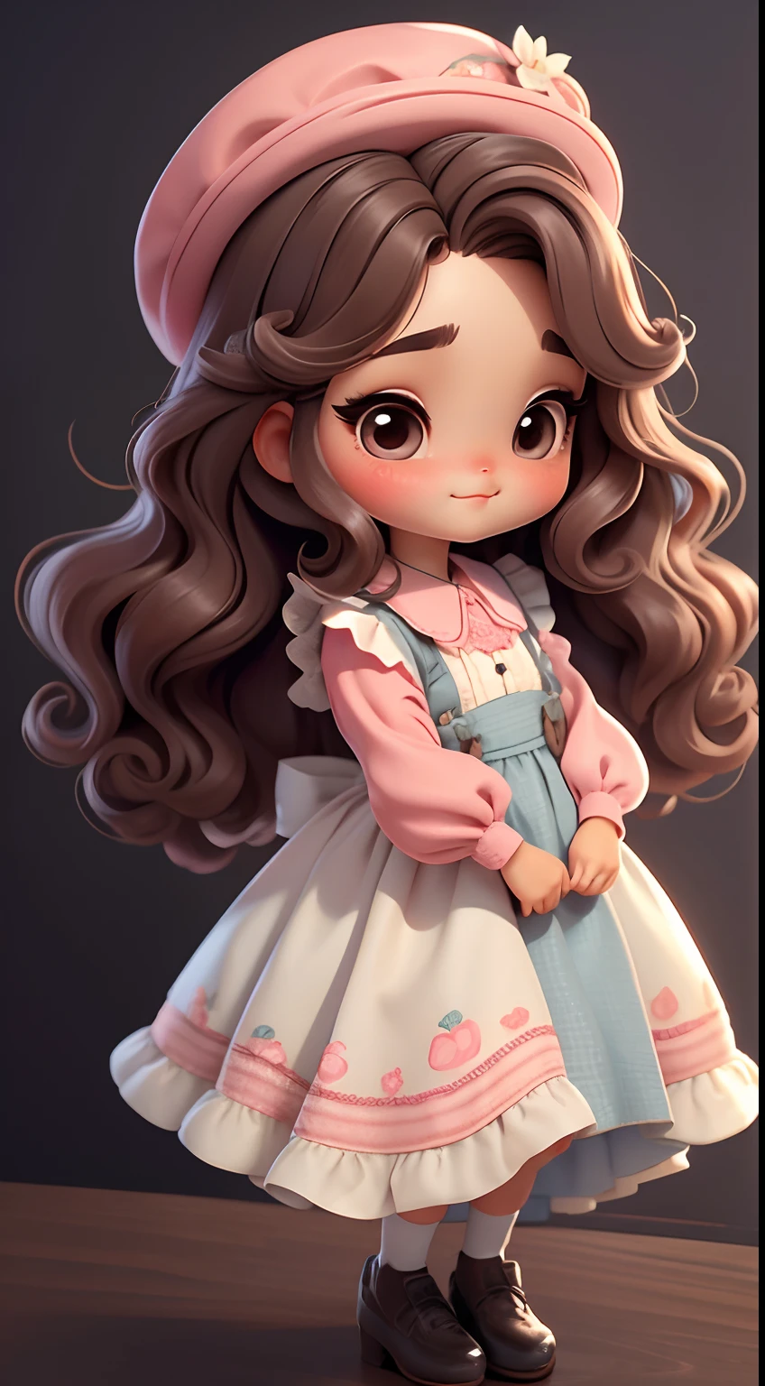 Create a series of chibi style dolls with a cute vintage chic theme, each with lots of detail and in an 8K resolution. All dolls should follow the same solid background pattern and be complete in the image, mostrando o (corpo inteiro, incluindo as pernas: 1.5)

Boneca Aprendiz de Bruxa: Chame-a de Mia. She must have medium wavy brown hair. Seus olhos devem ser grandes e curiosos, with long eyelashes and slightly pinkish cheeks. Mia should be dressed in a delicate dress and a polka-dot blouse and a delicate and beautiful hat. She should hold delicate and thin accessories. Add details like pockets and ruffles to the apron to make it even more charming, sapato bonito

Certifique-se de adicionar sombras, texturas e detalhes nos cabelos, roupas, Beautiful utensils, to make them even more adorable and charming.