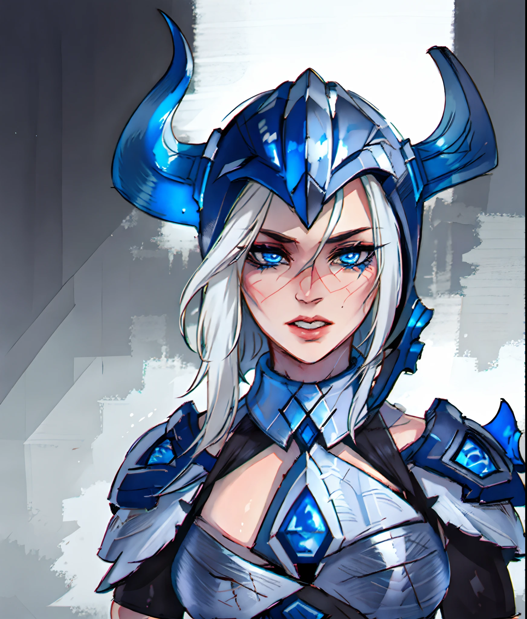 best quality, master piece, highres, portrait, sejuani, white hair, silver armor, helmet, perfect face, blue eyes, large breats,