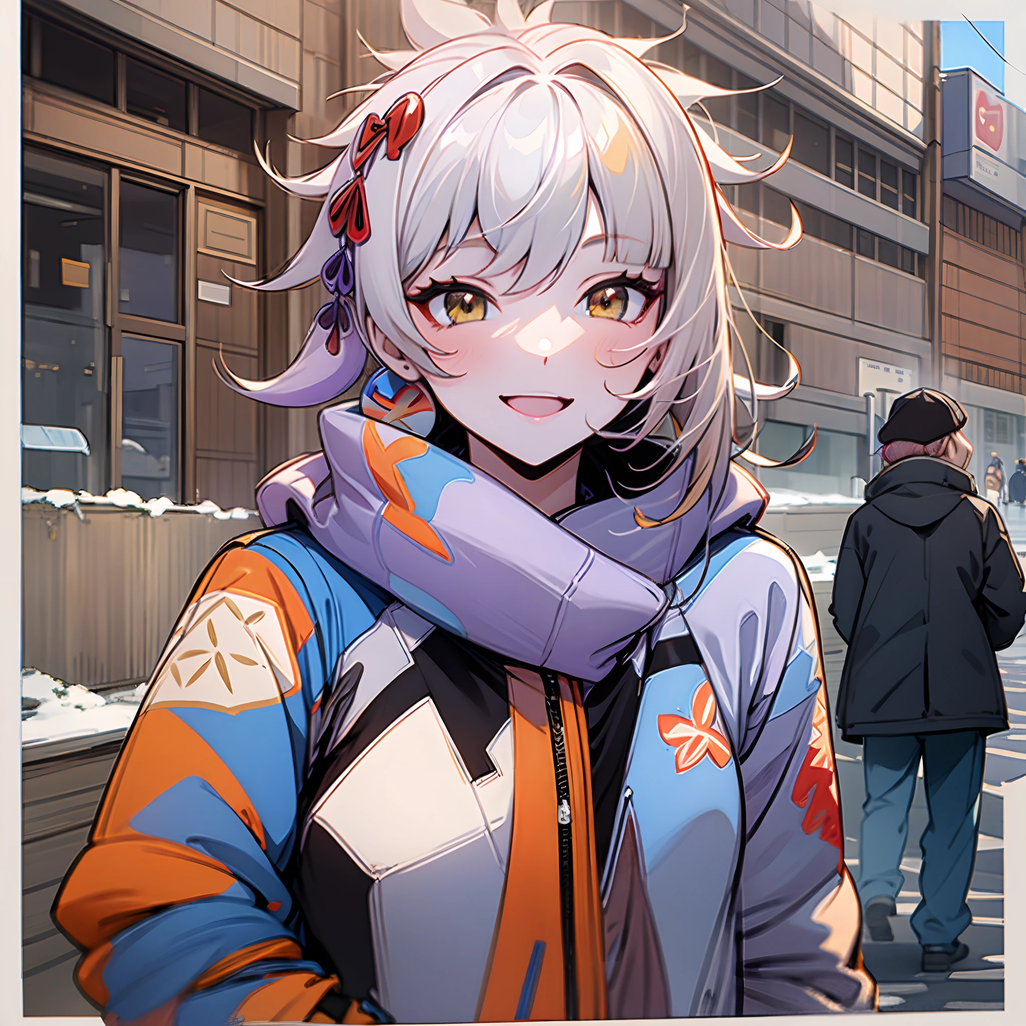 Down jacket of random color，On the streets where it snows in winter，Random actions，Random expressions，ssmile，cheerfulness，Sunny and cheerful，the original god