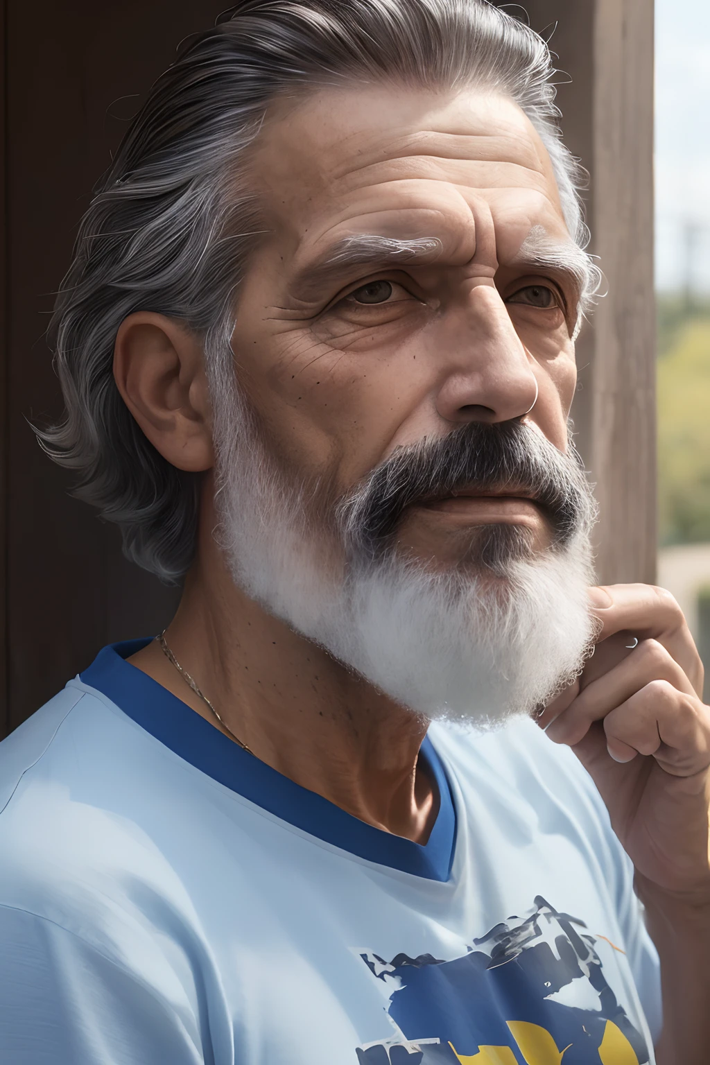(A 62-year-old man, delgado y barbudo, con camisa blanca y jeans), la remera dice dur,(oil on canvas,realista,high resolusion),(Detailed facial features,scruffy beard),(bright illumination,foco nítido),(religioso , iglesia),(vivid colors)