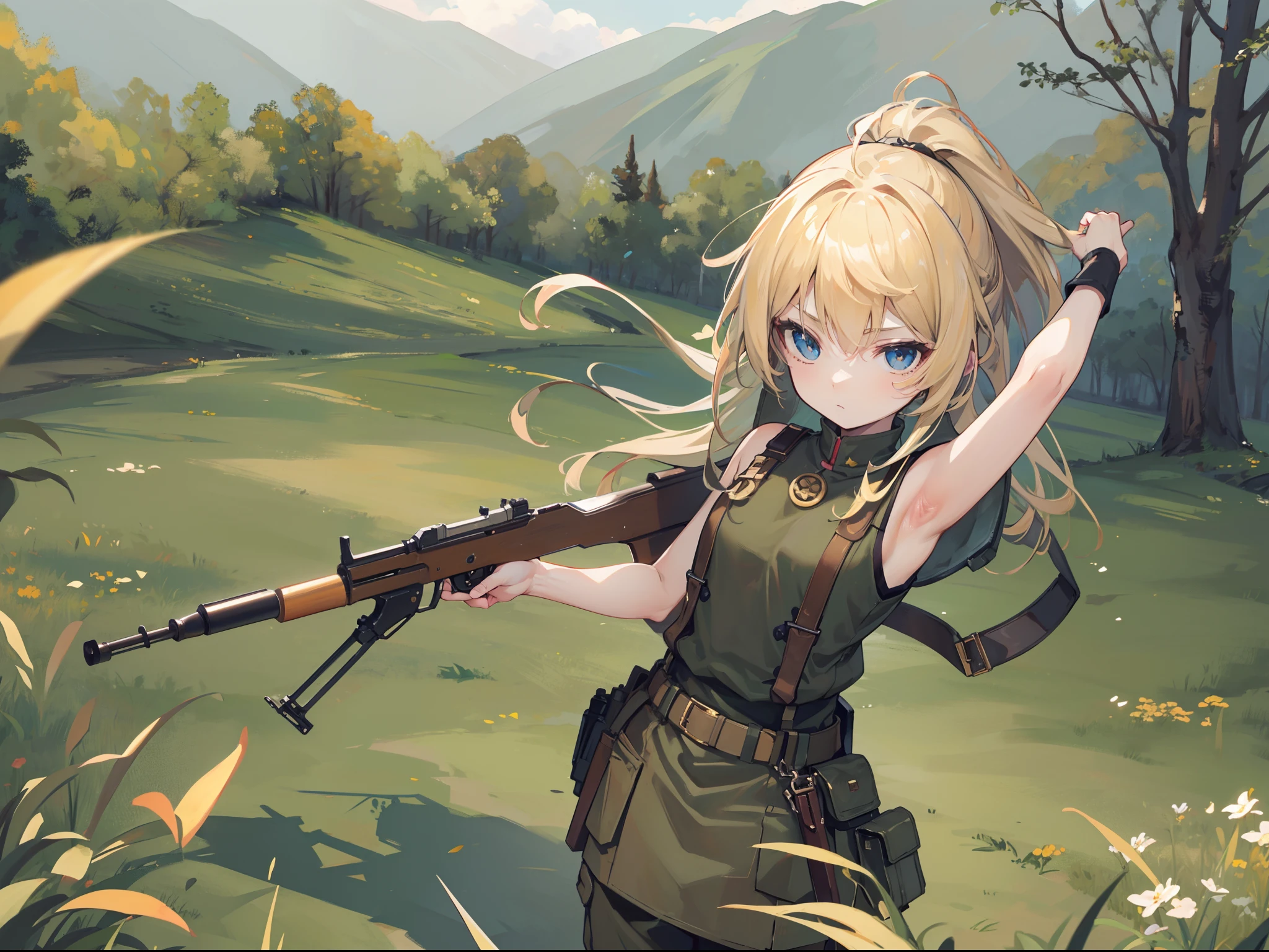Armpit, Brown croptop, Army pants, blonde hair, Field space, (( masterpiece, high quality, best quality, detailed quality)), Wafen SS uniform, m1 garand