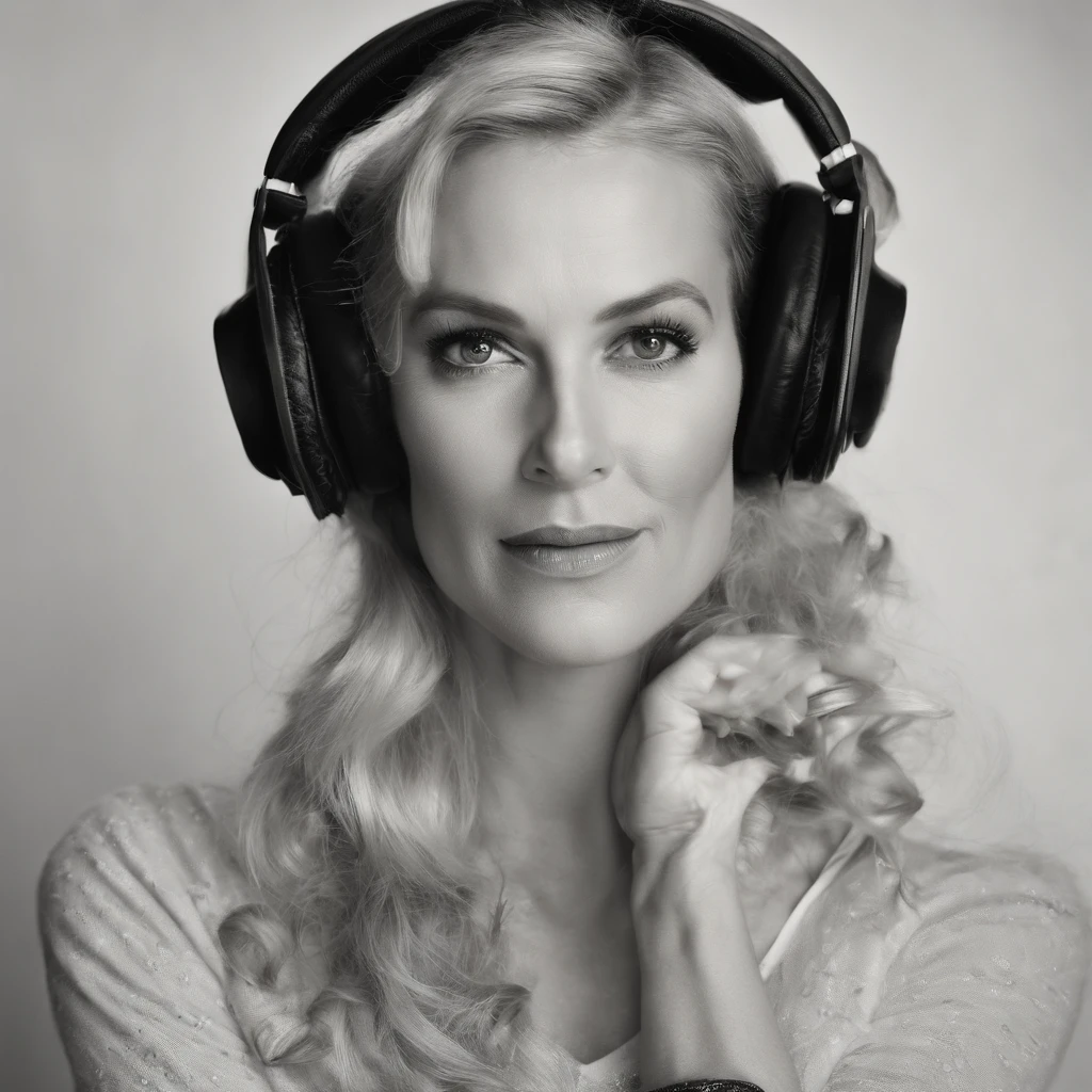 Sfw, cinematic portrait of 24 yo Famous [Annie Lenox:Lisa Stansfield:0.5] radio anouncer in 1960's, airing a music talkshow in a radio station studio, head phone, studio mic, energetic smile, intricate, frugal, highly detailed, intricate, digital painting, studio lighting, artstation, concept art, smooth, sharp focus, hyper photorealistic illustration, art by Don Lawrence and Frank Bellamy and alphonse mucha, 32k,