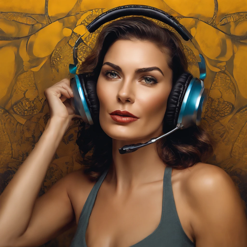 Sfw, cinematic portrait of 24 yo Famous [Annie Lenox:Lisa Stansfield:0.5] radio anouncer in 1960's, airing a music talkshow in a radio station studio, head phone, studio mic, energetic smile, intricate, frugal, highly detailed, intricate, digital painting, studio lighting, artstation, concept art, smooth, sharp focus, hyper photorealistic illustration, art by Don Lawrence and Frank Bellamy and alphonse mucha, 32k,