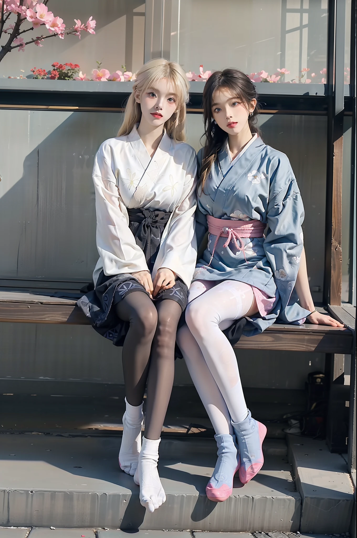 (Full body:1.5),(((1girl in)):1.3),(view the viewer:1.4),((anatomy correct):1.45),((Sitting on the porch):1.2),(Left foot wearing white tabi socks、Right foot wears black boots:1.15),(Shy:1.15),(Pink hakama with floral pattern:1.2),((((((Patterned))))) ,(pantyhose):1.3),( Black boot on left foot taken off:1.1),(Accurate and perfect face:1.3),(blue-eyed blonde:1.2),hyper HD, Ray traching, reflective light, Structurally correct, awardwinning, high detailing, Lighten the shade contrast, Face lighting ,Cinematic lighting, masutepiece, super detailing, High quality, high detailing, Best Quality, 16 K,High contrast,taisho roman、(((white tabi)))、Japanese garden