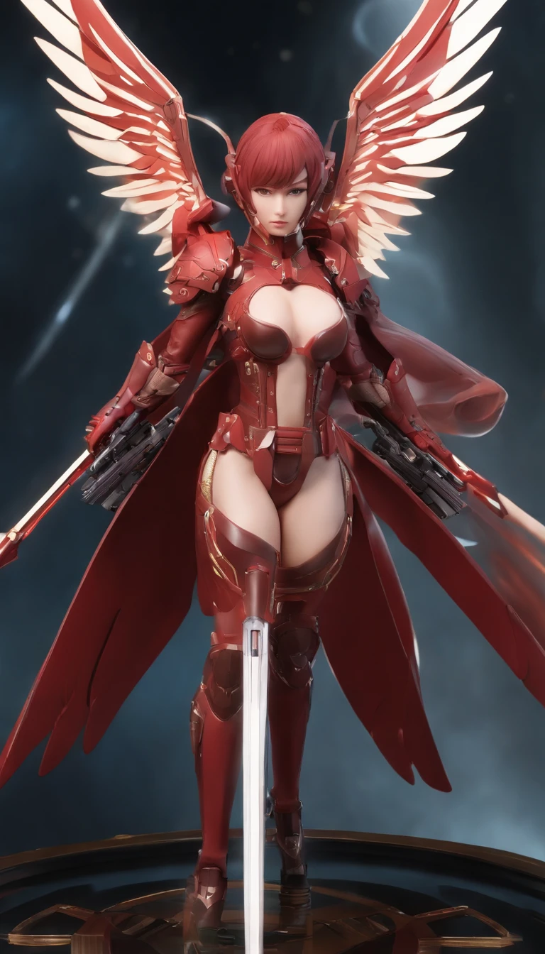 an anime figure with two guns and wings, in the style of light red and light maroon, precisionist lines, elaborate spacecrafts, agfa vista, exaggerated features, loose handling of paint, sharp lines