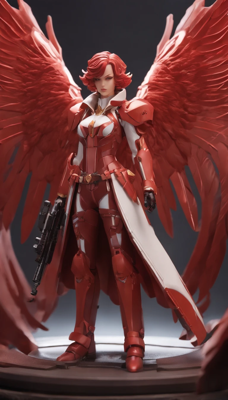 an anime figure with two guns and wings, in the style of light red and light maroon, precisionist lines, elaborate spacecrafts, agfa vista, exaggerated features, loose handling of paint, sharp lines
