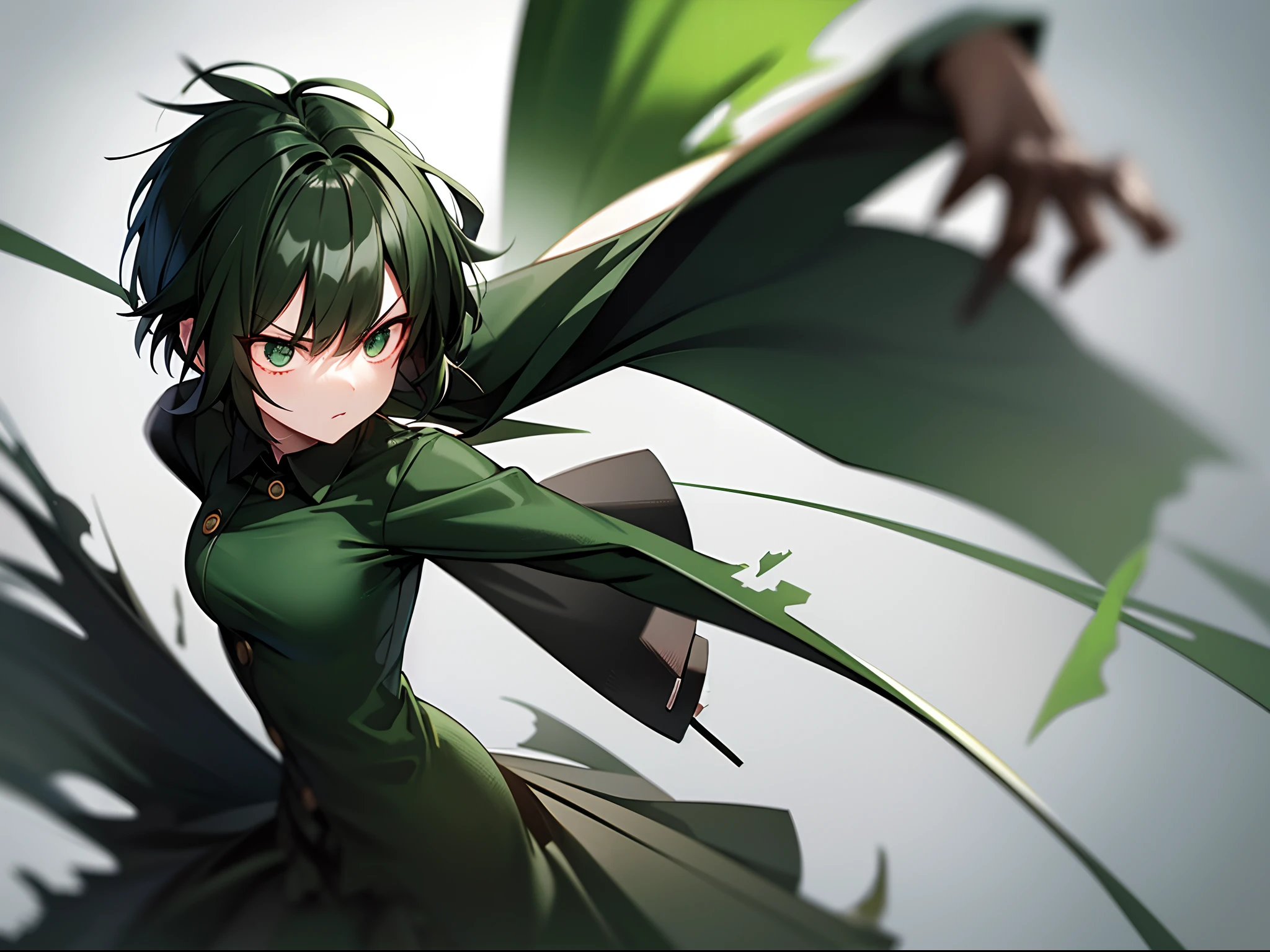Short green and black haired girl in angry suit