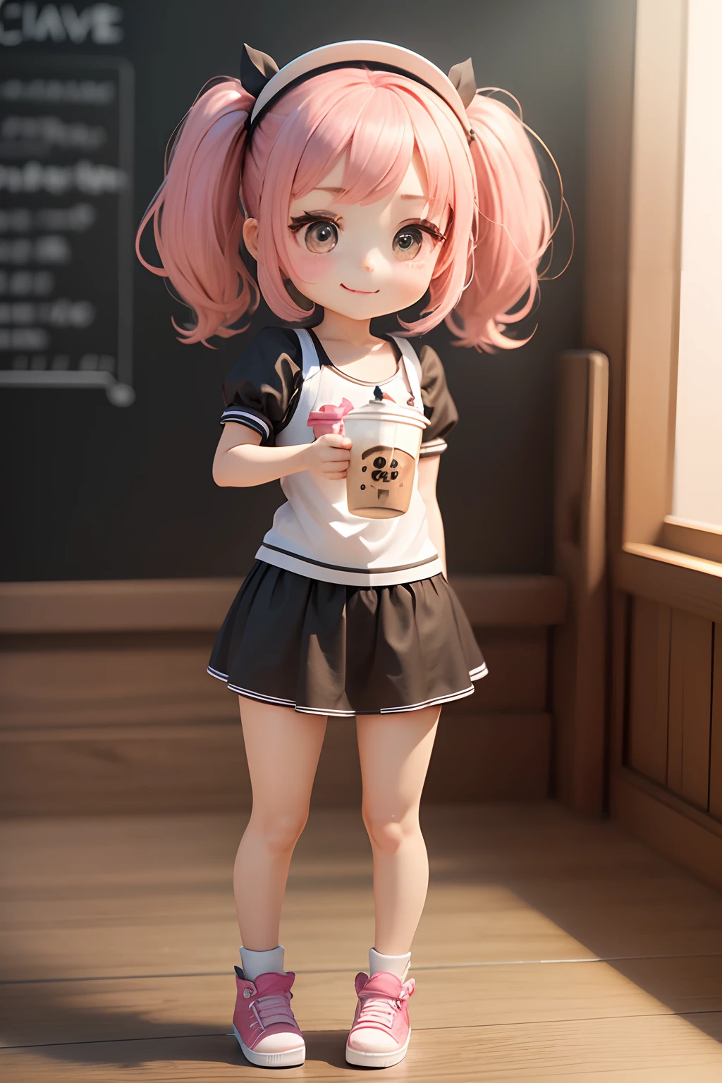 1 very cute girl，very happily，Active and lively，chibi girl，Plastic cover，Full body like，Moe new big head，milk tea，Flat illustration，adolable，（3D material）