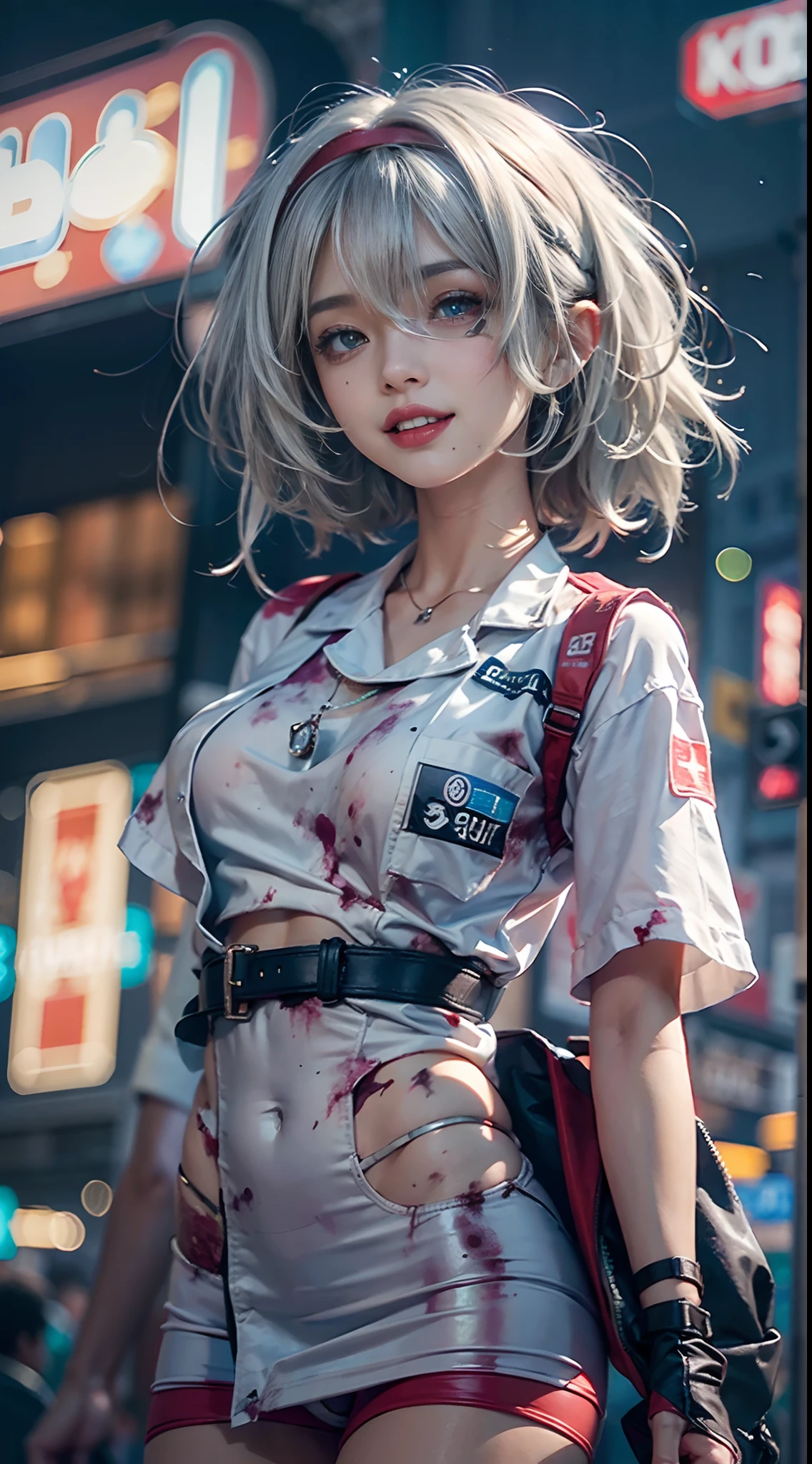 ((heterochromia)), Torn clothing, zombie, Halloween, natta, Nurse Costume, Cityscape with neon signs, Smiling smile, (NSFW), 1womanl, 独奏, 24 year old, 7headed body, (Ideal ratio body proportions), (Composition from head to thigh), erectile nipple, Sexy body, Wet, short-hair, Dark hair, small tits, A slender, Small buttocks, beauty legs, Skinny Legs, surrealism, Cinematic lighting, depth of fields, One-person viewpoint, F/1.8, 135 mm, nffsw, masutepiece, ccurate, ((Anatomically correct)), Textured skin, Super Detail, high details, High quality, awardwinning, Best Quality, hight resolution, 8K