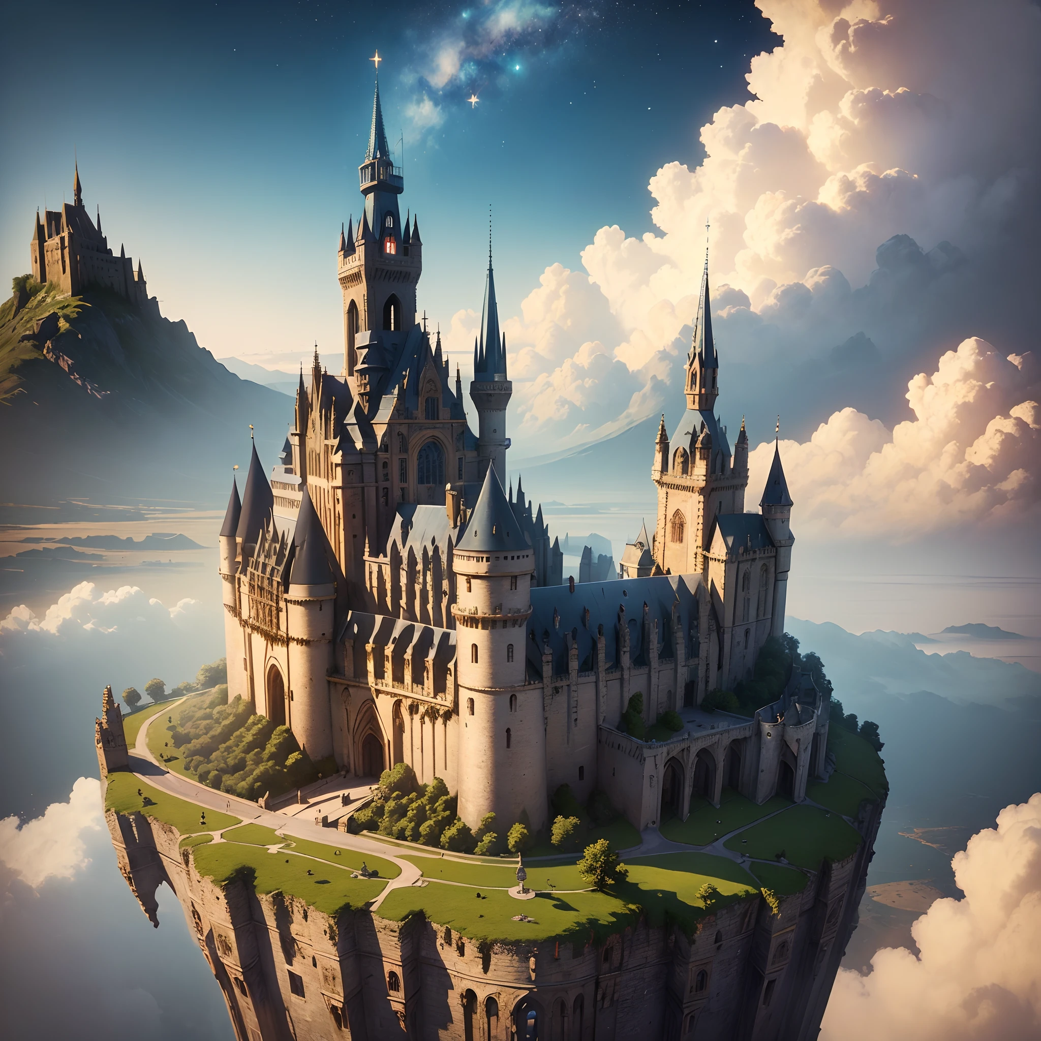 (((masterpiece,top-quality,16 K))),Ultra-detailed landscapes,Castle in the Sky,Fantastical,natta,sea of clouds,ancient ruin,Shining stars,One castle,Like Mont Saint Michel