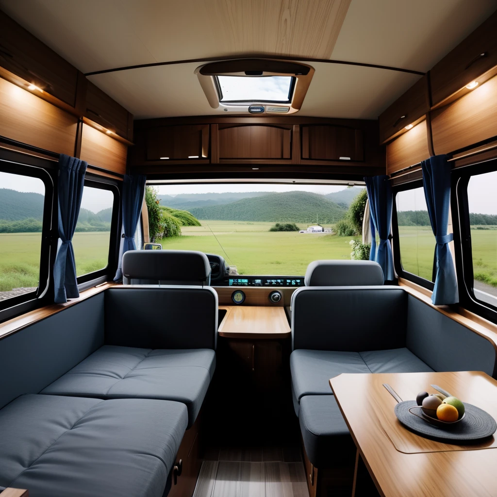 The interior environment of the Van as a home, motorhomeThere are multiple passages leading into the distance，There are planets outside the window，There are plant barns on the walls，Small objects floating in the air。in space