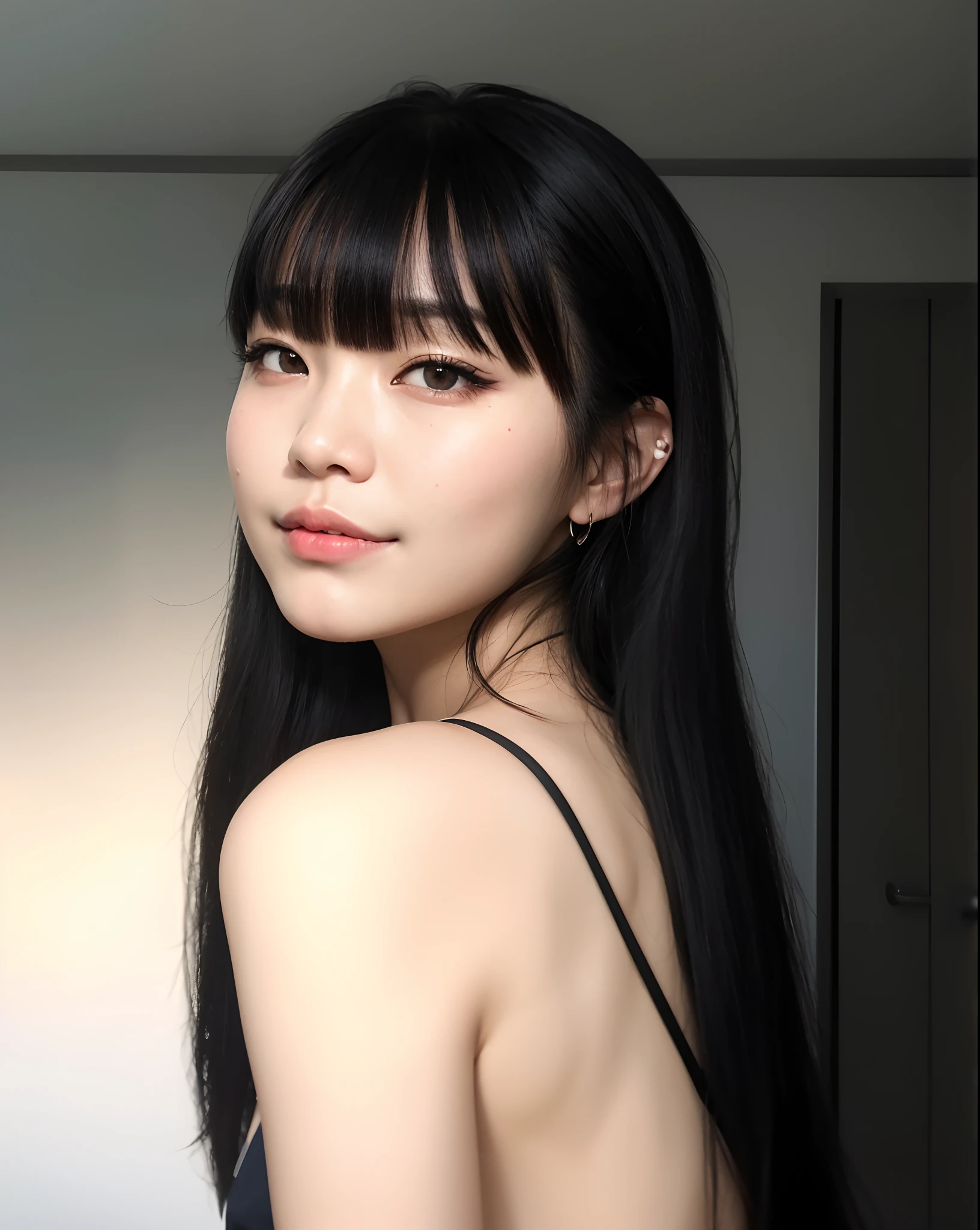 mulher arafed com cabelo preto longo e um vestido preto, Ela tem cabelo preto com franja, Yoshitomo Nara, Sui Ishida com cabelo preto, Fotografia selfie 8k, young cute wan asian face, young adorable korean face, cabelo preto longo com franja, O corte Hime, com franja, linda mulher coreana jovem, 🤤 retrato da menina