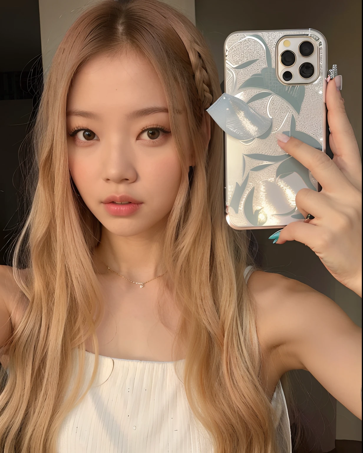There is a girl who is taking a selfie with her cell phone, Parque Roseanne do Blackpink, jossi do blackpink, branco hime corte penteado, jennie blackpink, Lalisa Manobal, com cabelos longos brancos, Lalisa Manoban do Blackpink, her hair is white, com longos cabelos loiros, O corte Hime, com longos cabelos brancos
