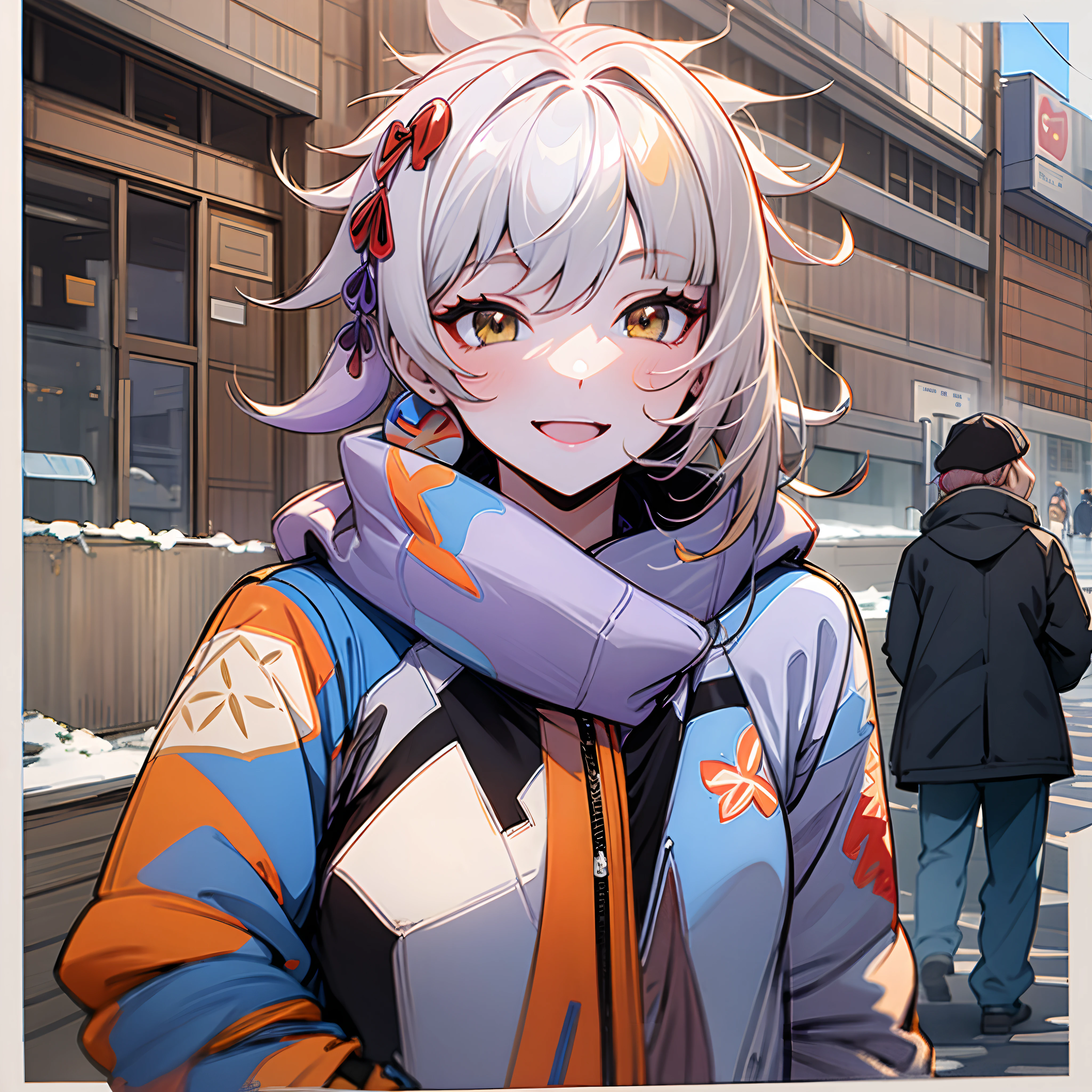 Down jacket of random color，On the streets where it snows in winter，Random actions，Random expressions，ssmile，cheerfulness，Sunny and cheerful，the original god