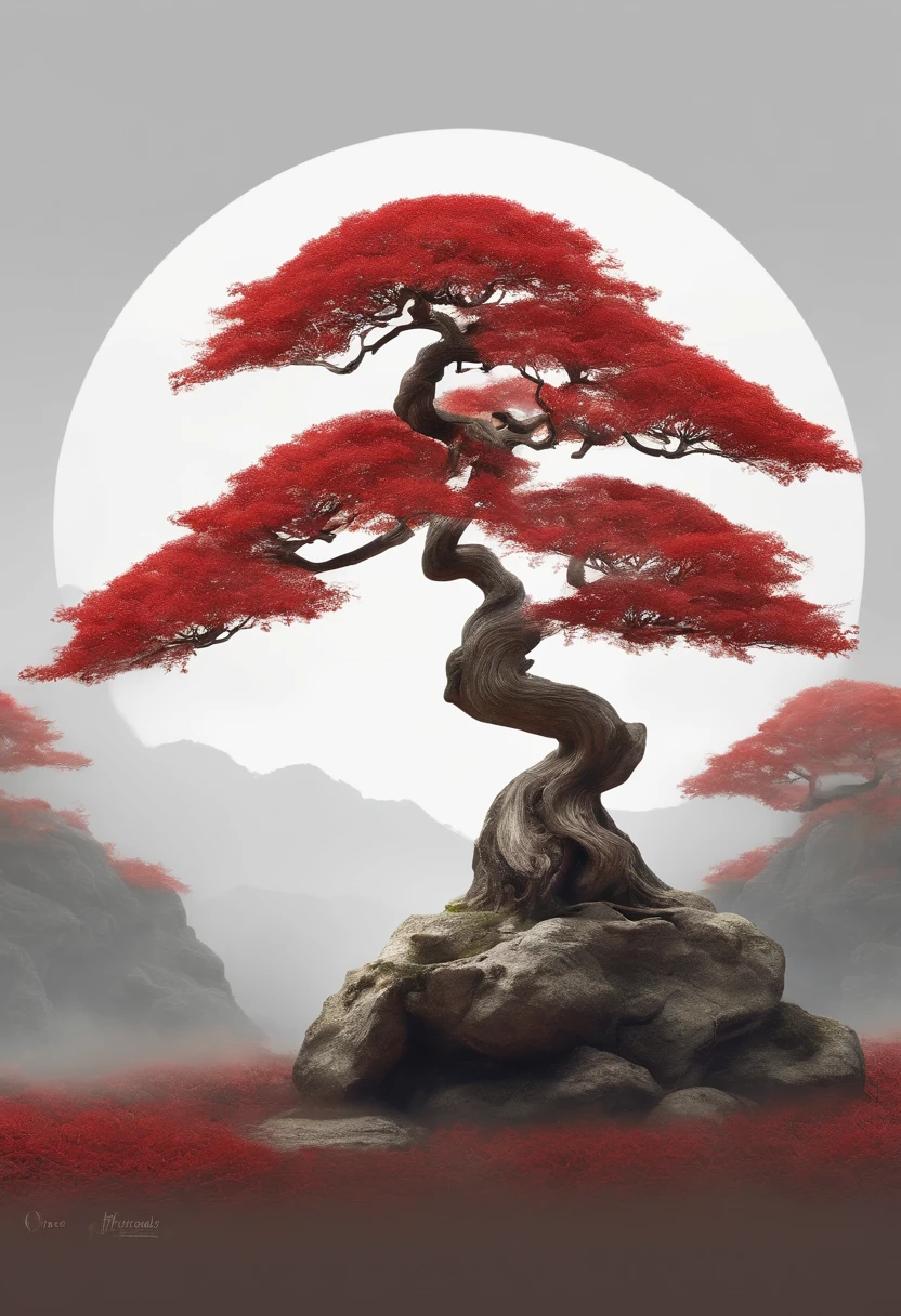 A red leaf tree，It says bonsai syrup, Bonsai, Made from bonsai, inspired by Yoshida Hanbei,Inspired by Oscar Dominguez, concept art 2022, white backgrounid