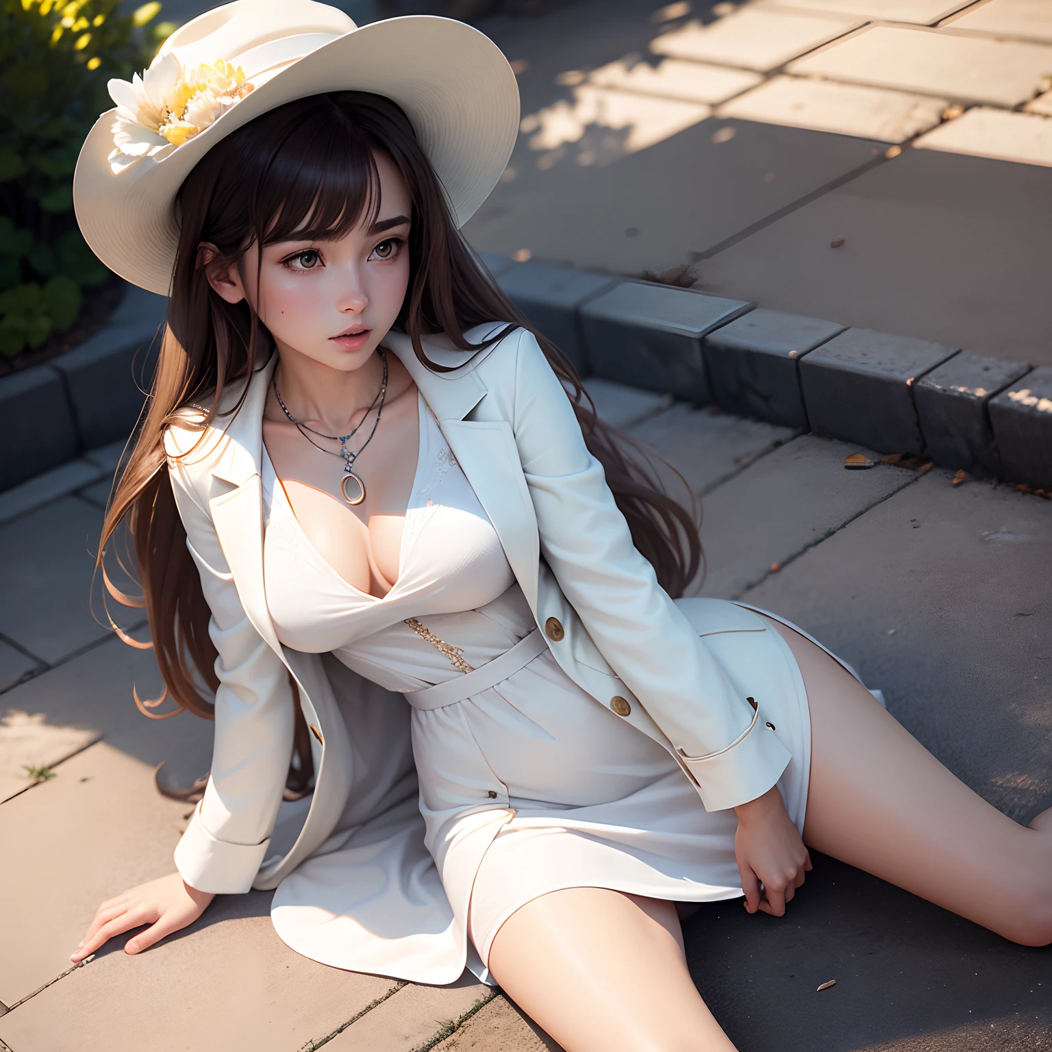 High detail CG，rich details​，Under the sun，Dress normally，White coat，Successful girls，Wear an exaggerated necklace，Brown hair long，sat on the ground，Stretching，The body emits a white glow，The art of clocking in