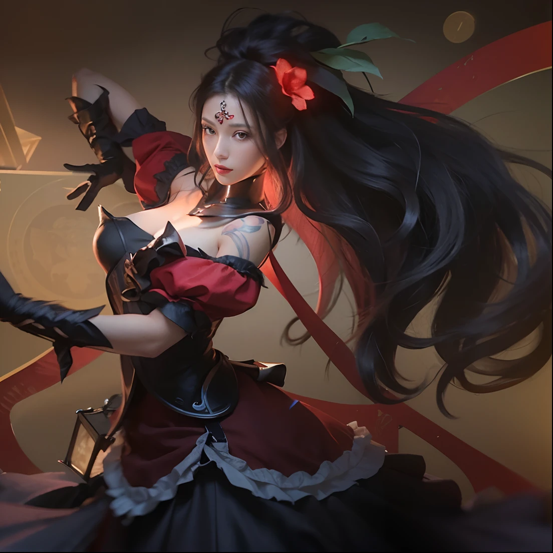 ((masterpiece)), ((best quality)), ((HD 4k)) ((realistic1.2)),mature girl, red dress, black hair, long hair, tattoo