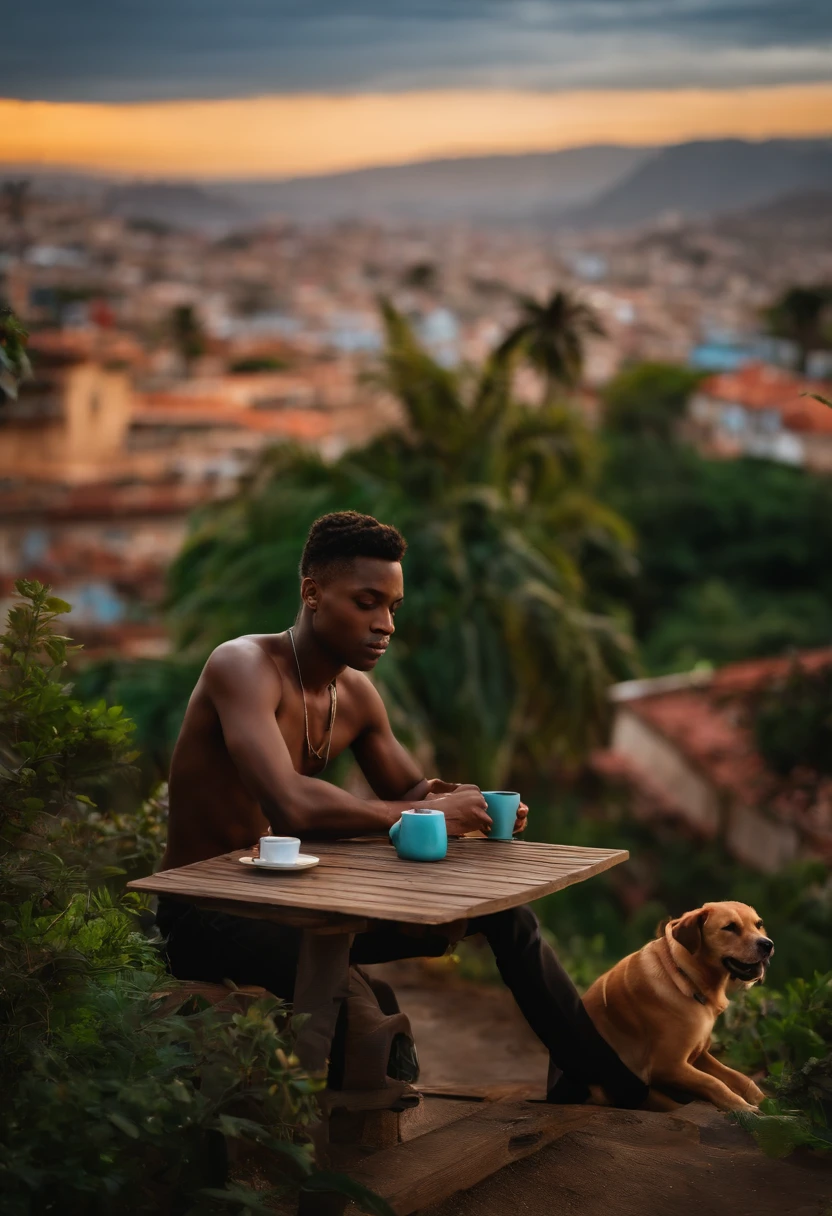 Uma varanda com plantas, com uma vista para a cidade no alto, vibe calmo, A little dark in the sky A skinny young black man with no shirt, With coffee on the table, With a dog sitting on the ground enjoying the view,