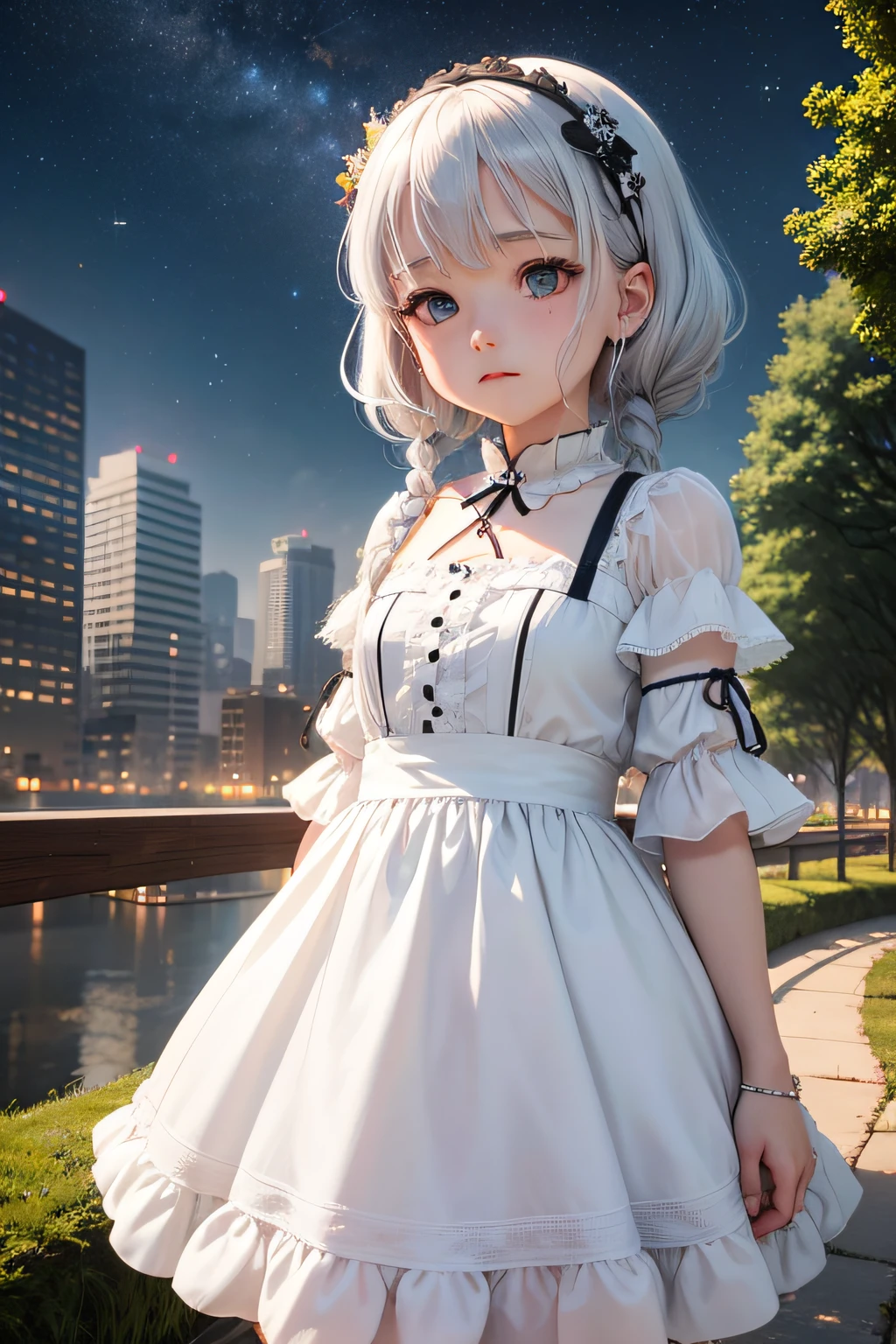 The background is a city, perfect gray hair girl, loli in dress, White-haired, white haired god, Cute anime waifu wearing beautiful clothes, Gray-haired, best anime 4k konachan wallpaper, little curve loli, Guvez on Pixiv Art Station, white-haired girl, nightcore, Stand on a tree, Looking up at the stars, hyperdetailed face