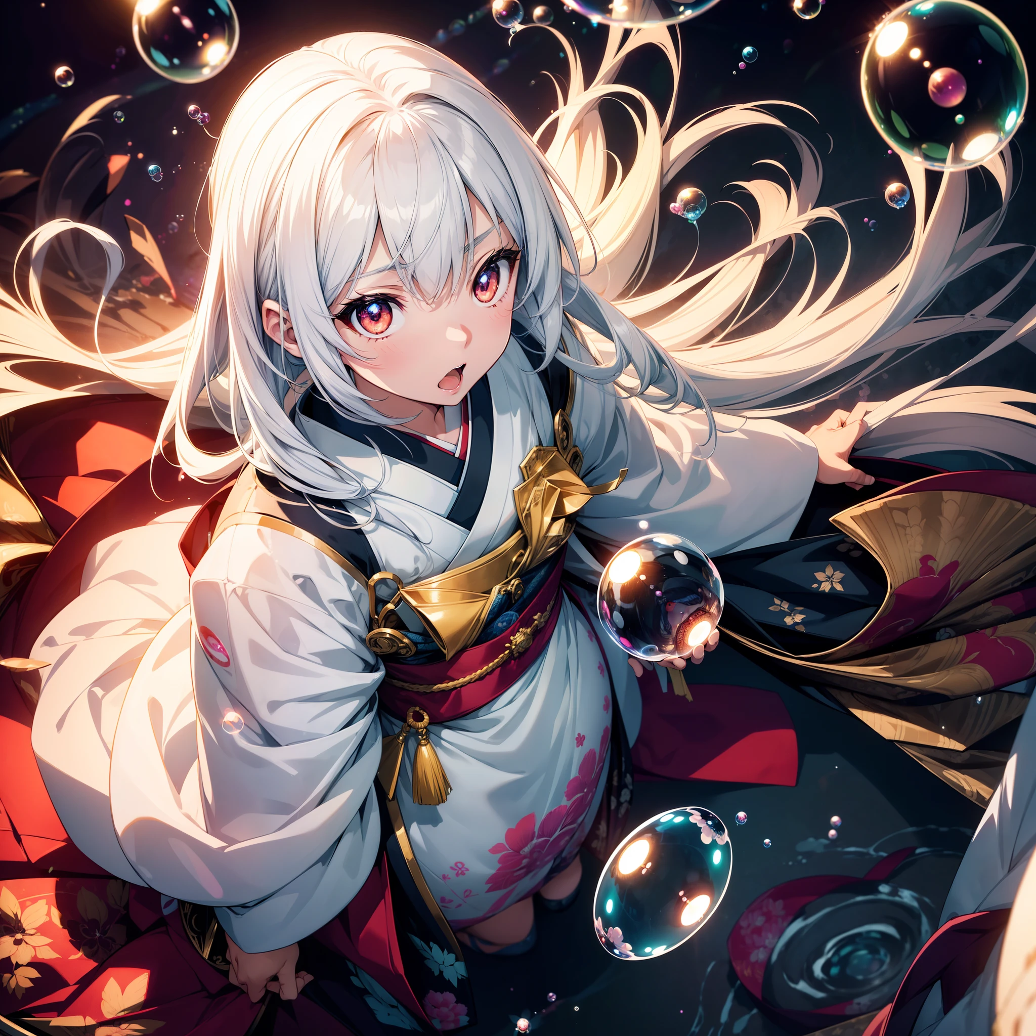 1 girl, looking viewer, ((from above)),close to viewer, upper body, character focus ,Japanese clothing, ((many soap bubbles)), (glowing eyes), open mouth ,high resolution,(incredibly absurdres),anime visual,extremely detailed CG unity 8k wallpaper, ((masterpiece)), ((top-quality)), (beautiful illustration), ((an extremely delicate and beautiful))