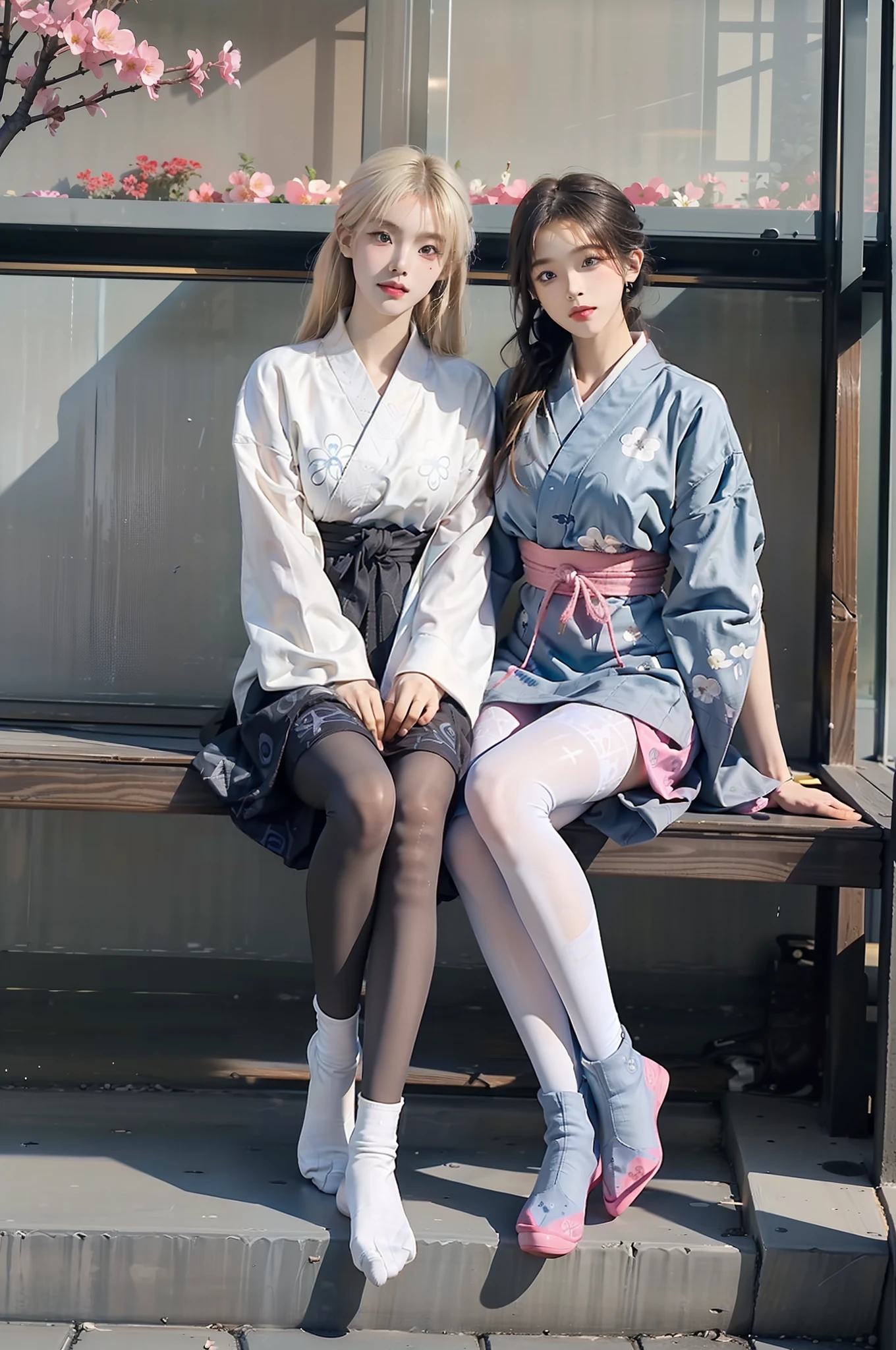 (Full body:1.5)，(((1girl in)):1.3),(view the viewer:1.4)，((anatomy correct):1.45),((Sitting on the porch):1.2),(Left foot wearing white tabi socks、Right foot wears black boots:1.15),(Shy:1.15)，(Pink hakama with floral pattern:1.2),((((((Patterned))))) ,(pantyhose):1.3),( I took off the black boot on my left leg:1.1)，(Accurate and perfect face:1.3),(blue-eyed blonde:1.2)，hyper HD, Ray traching, reflective light， Structurally correct, awardwinning, high detailing, Lighten the shade contrast, Face lighting ，Cinematic lighting, masutepiece, super detailing, High quality, high detailing, Best Quality, 16 K，High contrast,taisho roman、(((white tabi)))、Japanese garden
