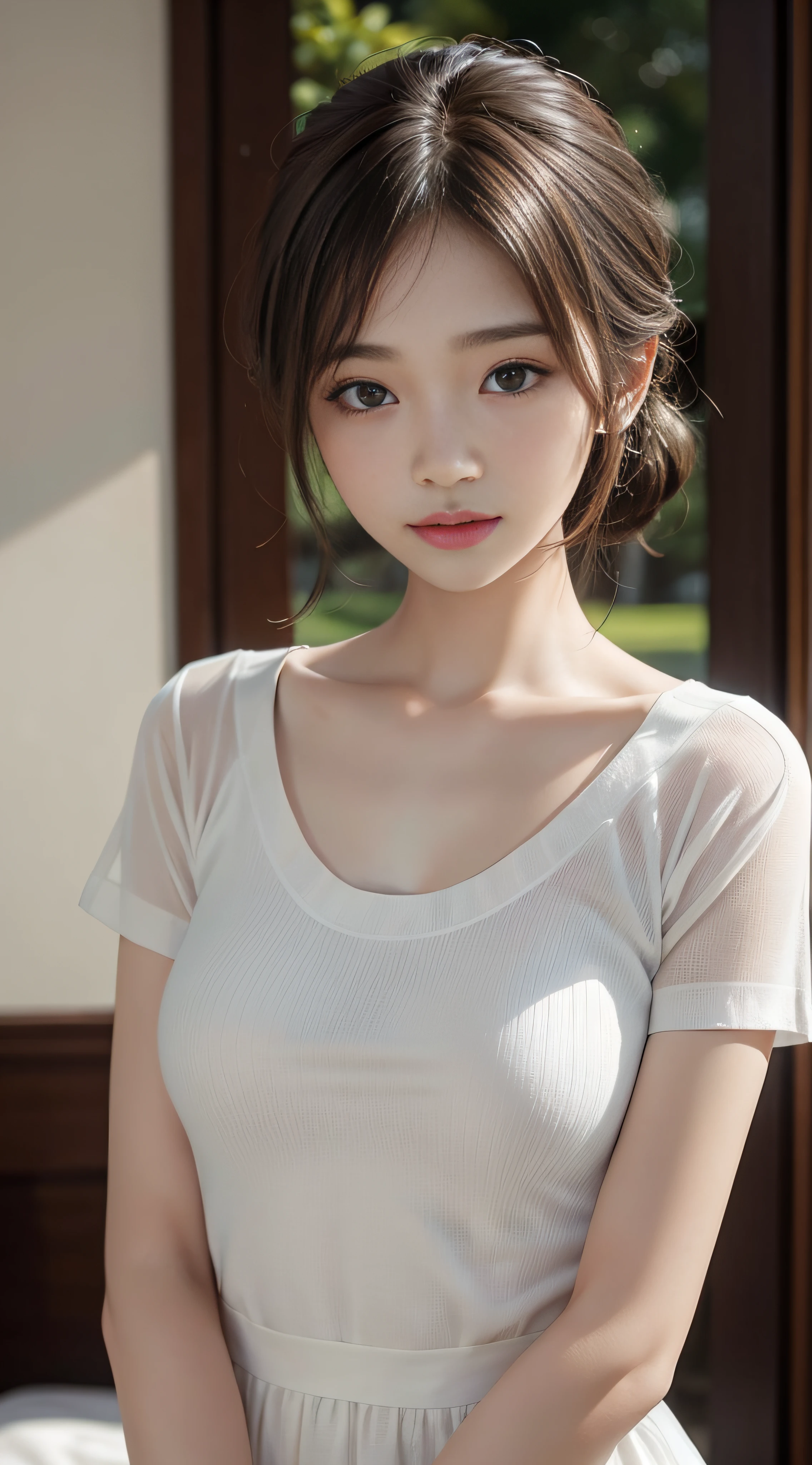 ​masterpiece、Top image quality:1.2、((beautiful young woman with))、Transparent skin:1.2、{A slight smil}、(kawaii)、Short sleeve knit:1.５、luxury hotel、depth of fields、Sharp Focus:1.5、Fine details、The chest is sheer