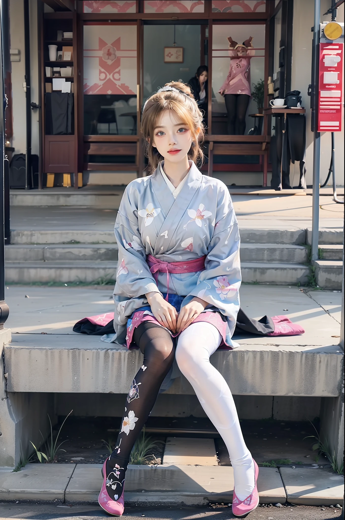 (Full body:1.5)，(((1girl in)):1.3),(view the viewer:1.4)，((anatomy correct):1.45),((Sitting on the porch):1.2),(Left foot wearing white tabi socks、Right foot wears black boots:1.15),(Shy:1.15)，(Pink hakama with floral pattern:1.2),((((((Patterned))))) ,(pantyhose):1.3),( Black boot on left foot taken off:1.1)，(Accurate and perfect face:1.3),(blue-eyed blonde:1.2)，hyper HD, Ray traching, reflective light， Structurally correct, awardwinning, high detailing, Lighten the shade contrast, Face lighting ，Cinematic lighting, masutepiece, super detailing, High quality, high detailing, Best Quality, 16 K，High contrast,taisho roman、(((white tabi)))、Japanese garden
