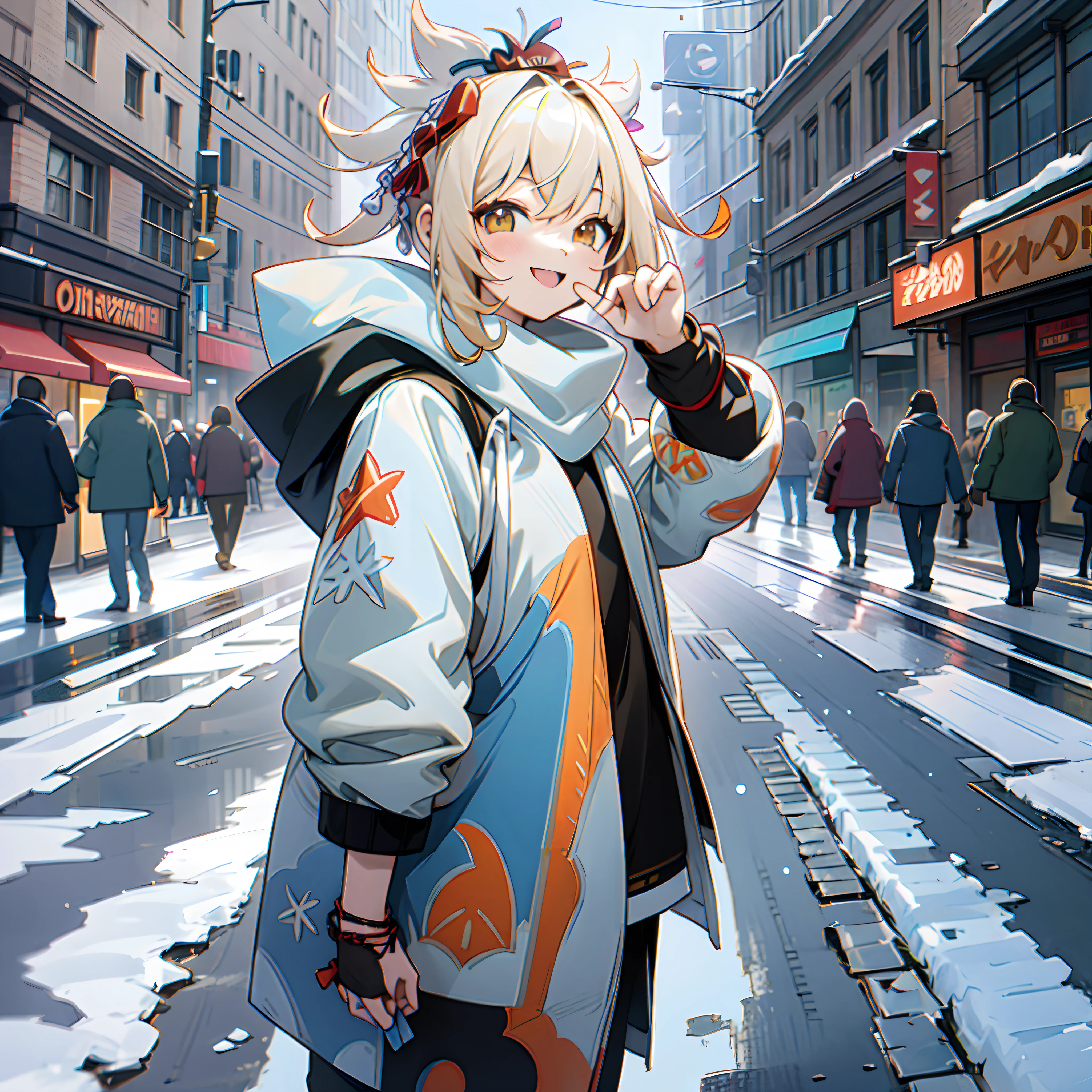 Down jacket of random color，On the streets where it snows in winter，Random actions，Random expressions，ssmile，cheerfulness，Sunny and cheerful，the original god，（Super refined model:1.1）