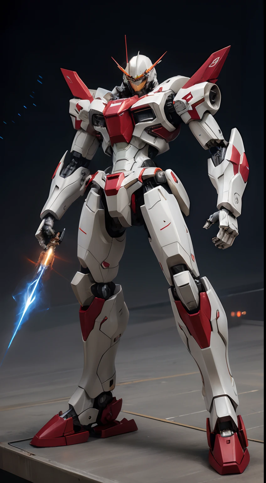 Flying Mecha Suit、（1:6）Dawn background、Light leakage effect、expressing joy、White and red highlights、Crimson fuselage、Body reflecting light