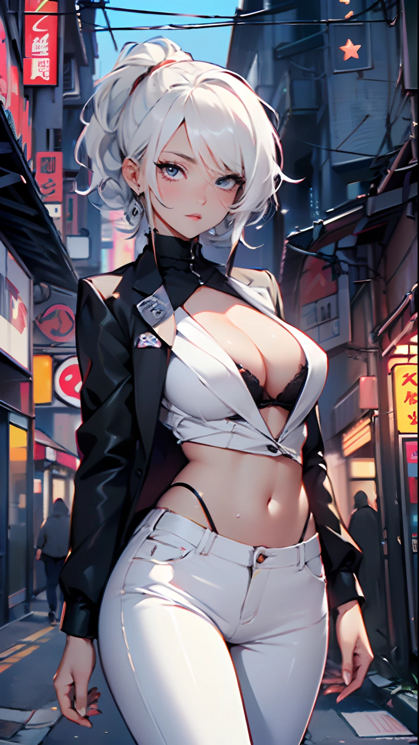 cute albino girl,(((1girl))),((anime albino girl with extremely cute and beautiful white hair walking seductively down the street)),

(small breasts:1.4),(((white hair:1.35,colored inner hair,ear breathing,small hair, tomboy haircut))),((heterochromia, eye1 white, eye2 aqua, perfect eyes, upturned eyes:1.3, beautiful detailed eyes, finely detailed beautiful eyes:1, big highlight on eyes:1.2, slanted eyes)), ((fat)),(((pale skin, lustrous skin:1.5,bright skin: 1.5,skin tanned,shiny skin,very shiny skin,shiny body,plastic glitter skin,exaggerated shiny skin))),(spider lower abdomen,narrow waist,wide hip,athletic body,inflated legs,delicate detailed fingers,detailed body,detailed arms,human hands, detailed hands),

cute,slutty,seductive,erotic,nsfw, 

(((wearing white formal blazer,white pants,))), (((huge cleavage))), (detailed outfit,detailed clothes),

(dynamic pose:1.0), solo focus, embarrassed, centered, scale to fit dimensions, Rule of thirds,

outdoors, ((night view)), (cyberpunk night street Background: 1.5,dark sky,alleyway,lonely alley,thick clouds, detailed background:1.25),

(best quality), (high resolution), (sharp focus), (ultra detailed), (extremely detailed), (extremely high quality artwork), 8k_wallpaper, (extremely detailed CG 8k),(very fine 8K CG), ((hyper super ultra detailed perfect piece)), flawless, (((masterpiece))), illustration, vibrant colors,  (intricate), High contrast, Selective lighting, Double exposure, HDR (High Dynamic Range), Post-processing, Background blur,