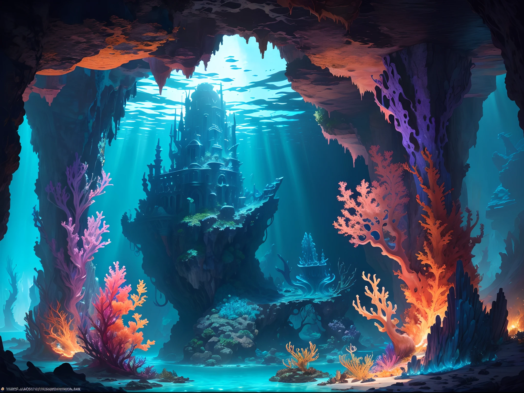The underwater world of Atlantis, abyssal, Epic reality, (hdr: 1.4), Cool colors, Ancient and magnificent deep-sea palace（Crystal casting）, A large number of deep-sea creatures, The corals, Fantastic and incredible, Epic composition , (Complicated details), (Complicated details, Ultra detail: 1.2), Art Station, (Masterpiece, Best quality)