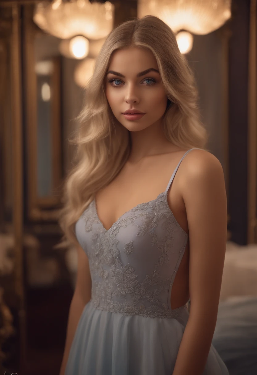 arafed woman fully , sexy girl with blue eyes, ultra realistic, meticulously detailed, portrait sophie mudd, blonde hair and large eyes, selfie of a young woman, bedroom eyes, violet myers, without makeup, natural makeup, looking directly at the camera, face with artgram, subtle makeup, stunning full body shot kneeling on bed, in bedroom, medium to large size bust