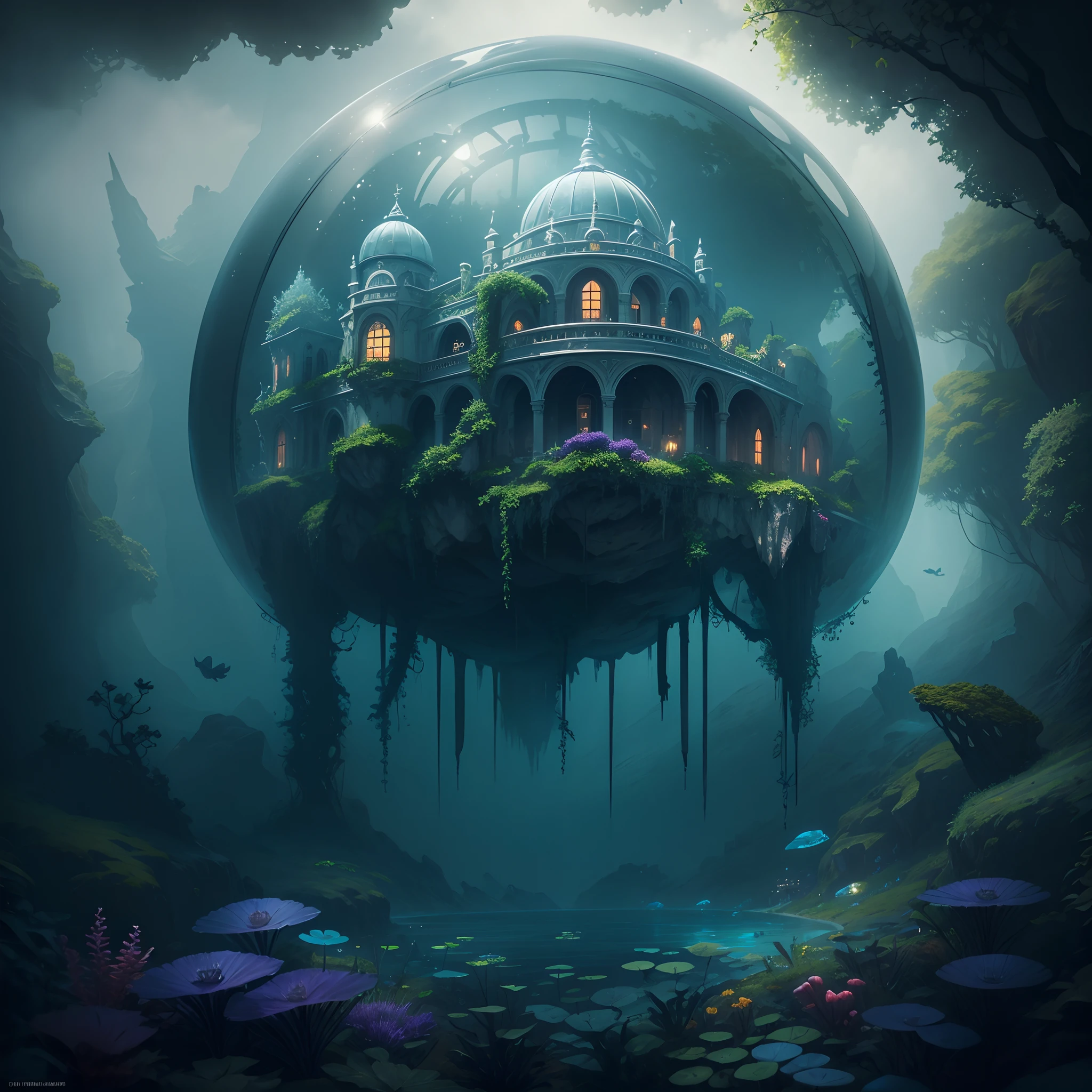 abyssal，Undersea castle，Epic reality，Transparent fog，The hemispherical shape looks down from the sky，fanciful，Artistically，In the garden background