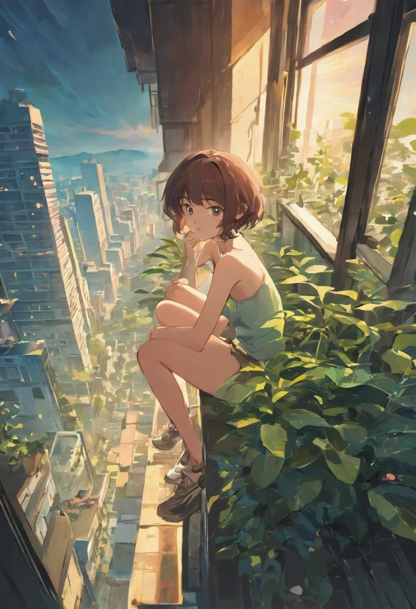 Uma varanda com plantas, with a view of the metropolis from above, vibe calmo, A little dark in the sky A shirtless skinny young brunette wiggling on the velular, With coffee on the table, With a dog sitting on the ground enjoying the view,