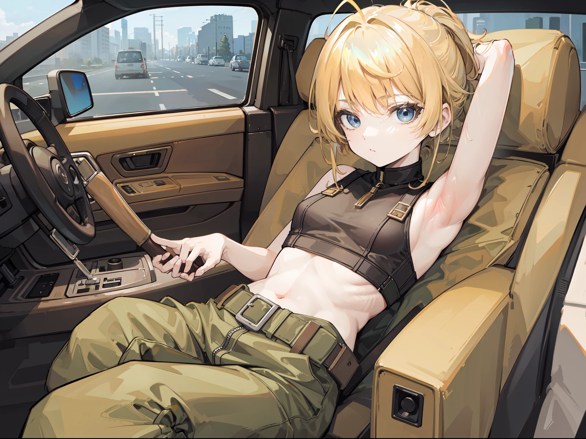 Armpit, Brown croptop, Army pants, blonde hair, In the car, (( masterpiece, high quality, best quality, detailed quality))