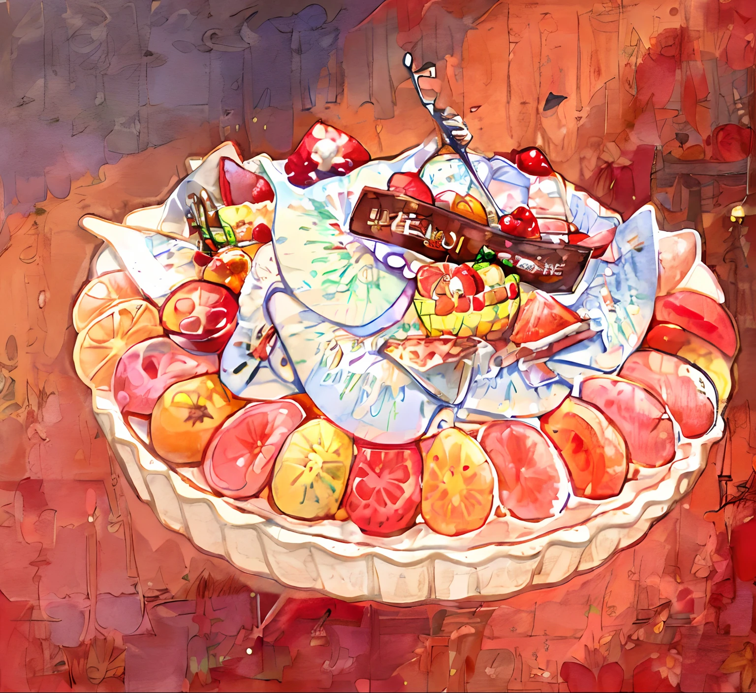 There is a plate of food pictures with knives and forks, vignette illustration, A fruit basket, fruit basket, victorian thanksgiving feast, plates of fruit, drawn on white parchment paper, (a bowl of fruit)!!!!!!!!!, gourmet, Inspired by Valeria Denes, traditional drawing style, Inspired by Clement Selvo, Fruit in the basket