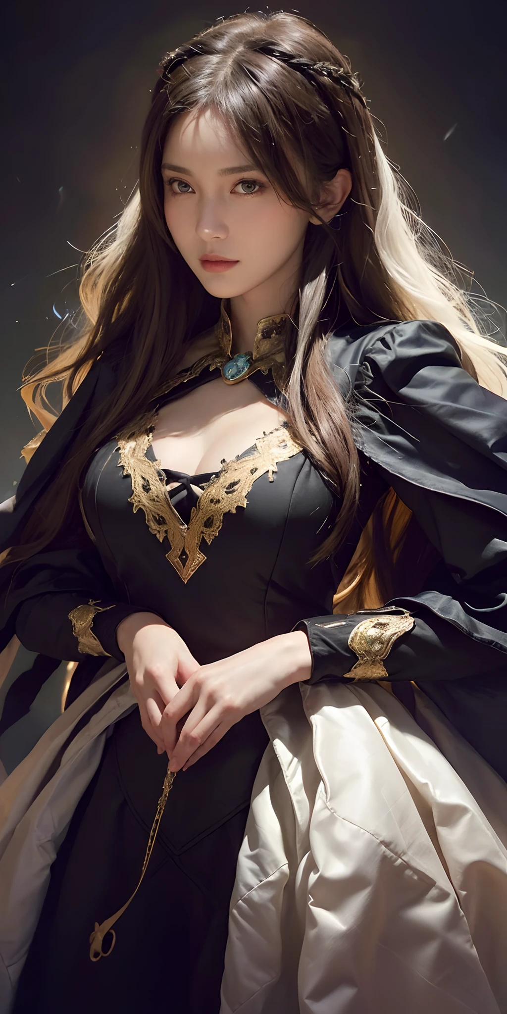(front focus),(in the dark:1.6), Hyperrealist portrait of female by david hockney and alphonse mucha,fantasy art, photo realistic, dynamic lighting, artstation, poster, volumetric lighting, very detailed faces, 4 k, award winning,, 1girl, in the dark, deep shadow, low key,cowboy shot,(official clothing:1.4) ,long hair,white hair,