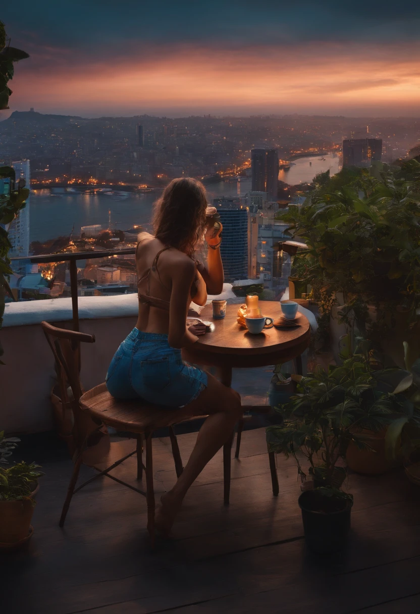Uma varanda com plantas, Overlooking the metropolis from above, vibe calmo, A little dark in the sky A shirtless skinny brunette young woman swinging on the velular, With coffee on the table, With a dog sitting on the ground enjoying the view,